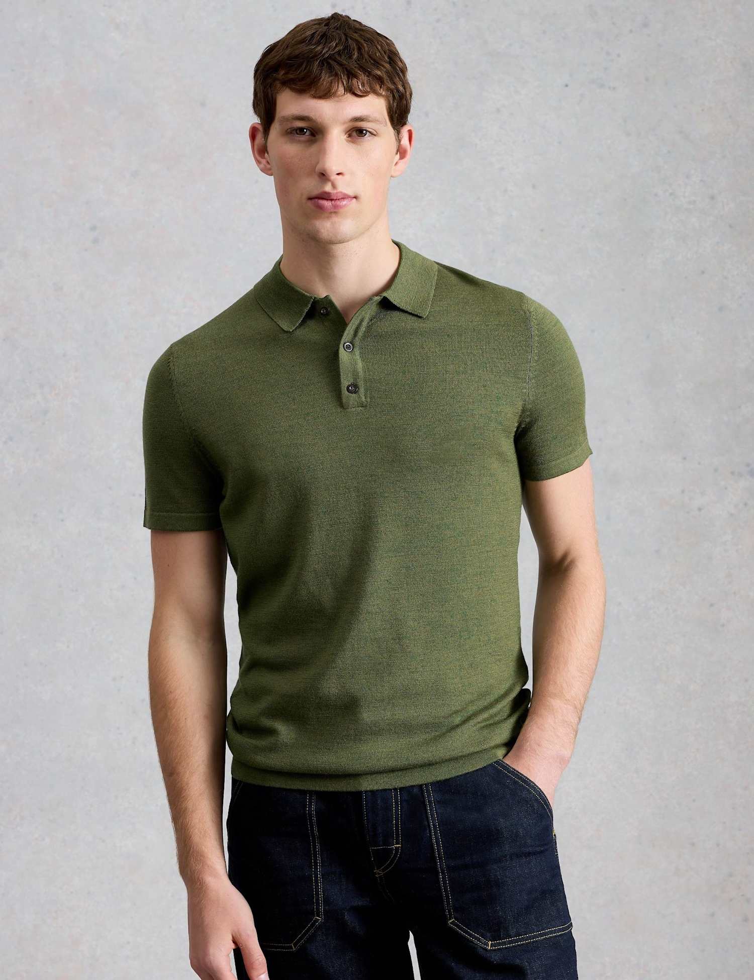 White Stuff Pure Merino Wool Knitted Polo Shirt Green