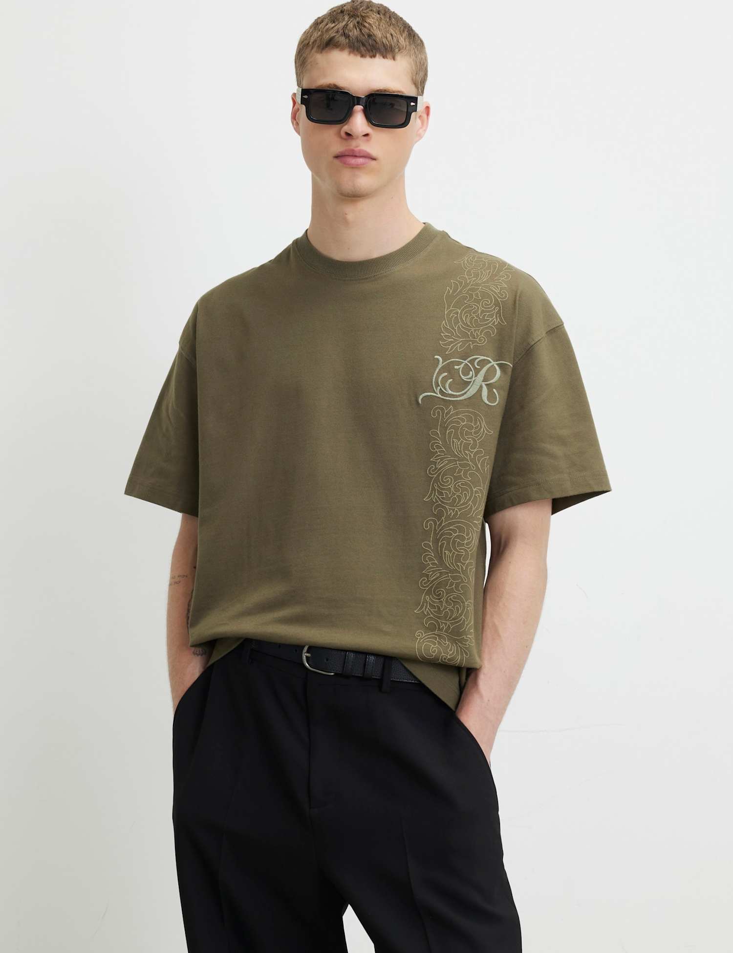 River Island Cotton Floral Border T-Shirt Khaki Mix