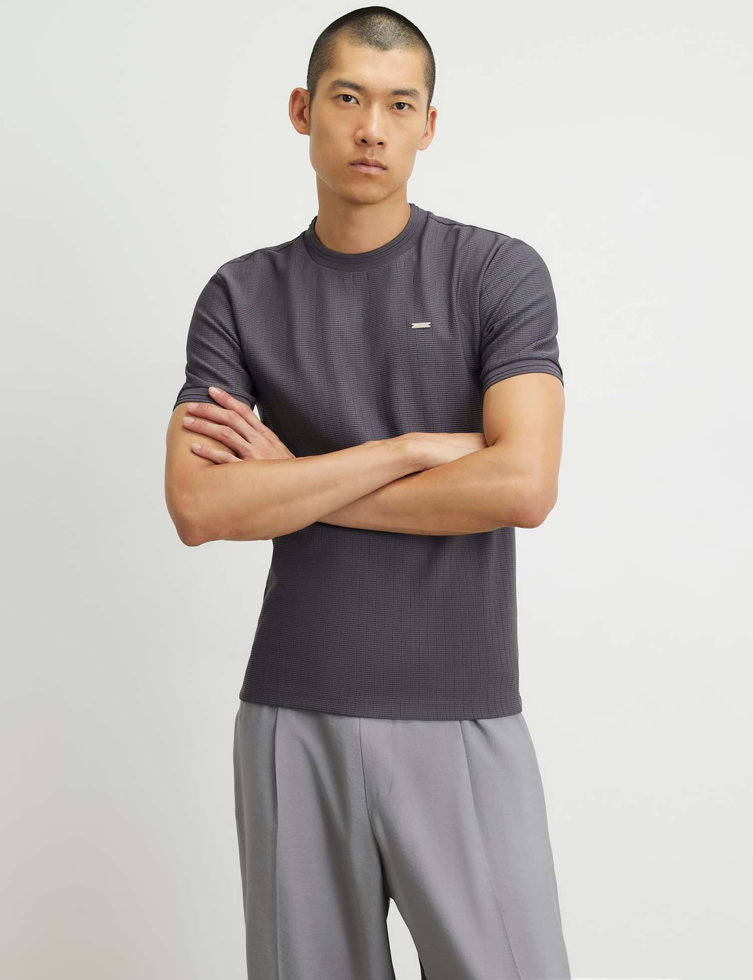 River Island Slim Fit Cotton Blend Jacquard Short Sleeve T-Shirt Grey