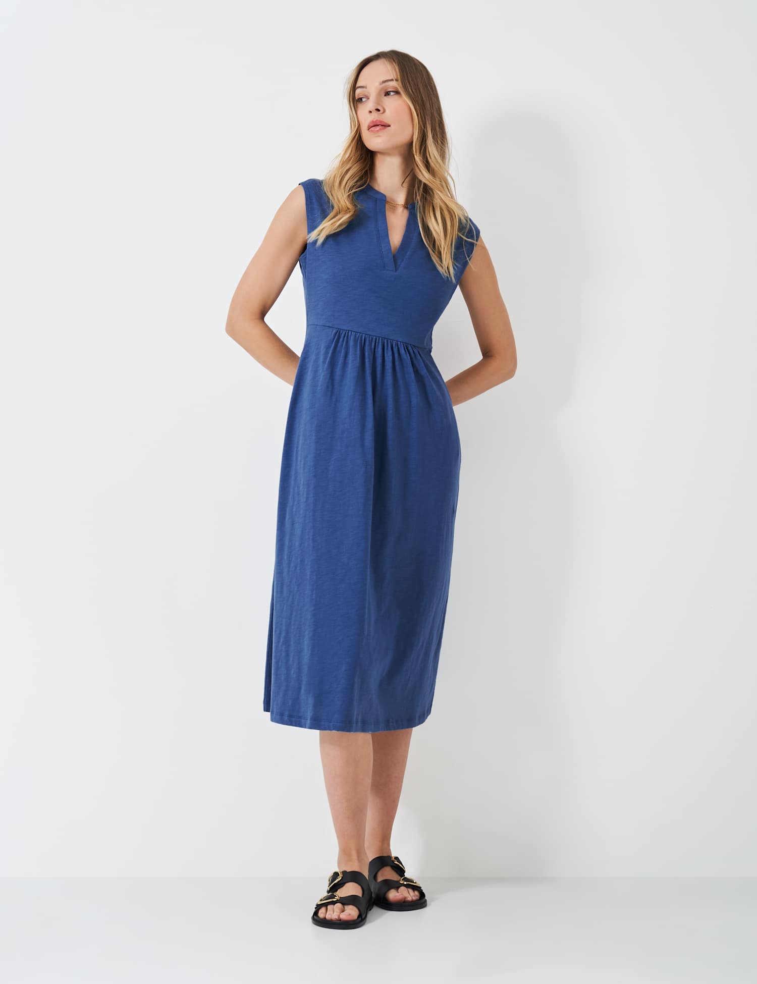 Crew Clothing Jersey V-Neck Midi Waisted Dress Bright Blue