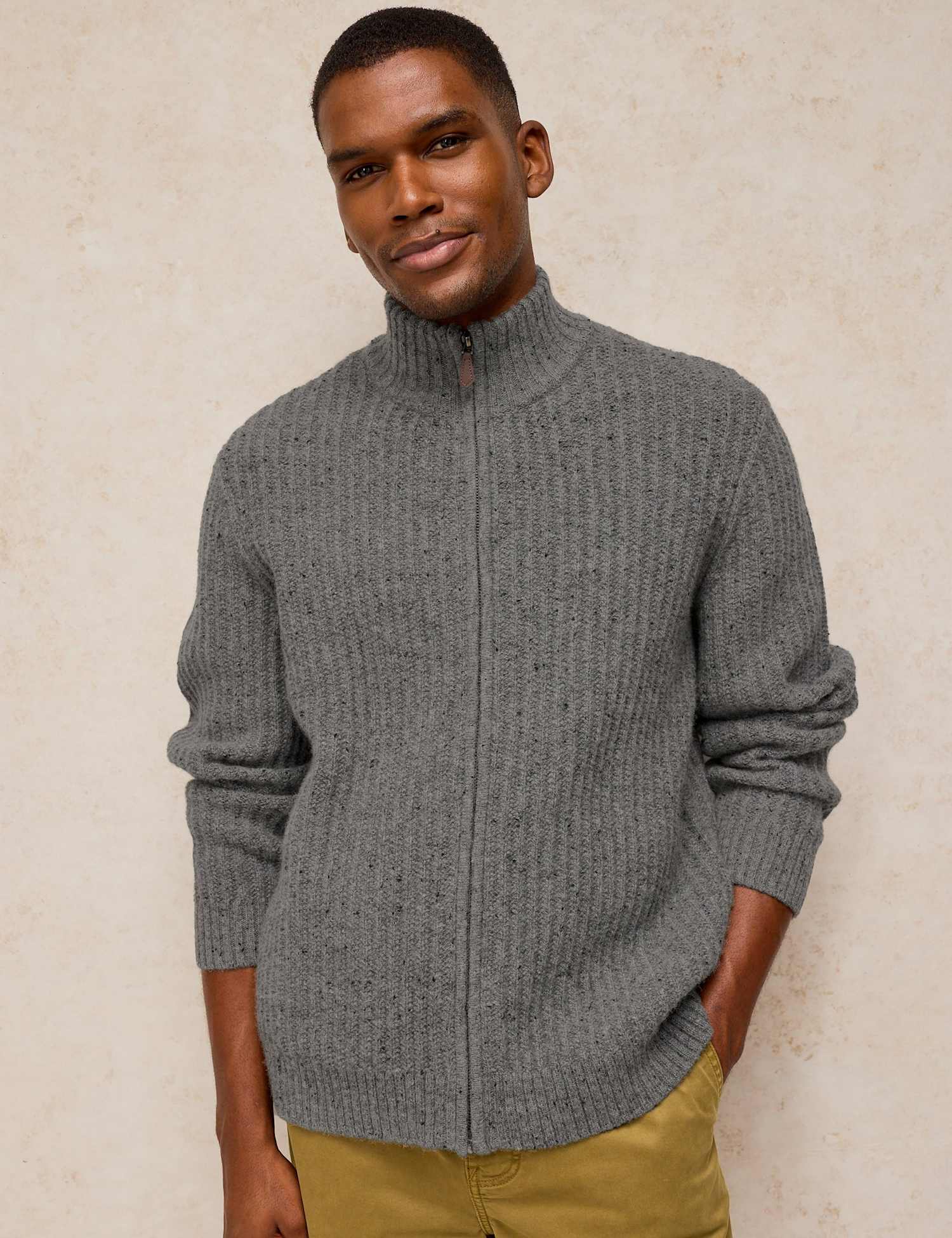 White Stuff Selby Wool Rich V Neck Zip Up Cardigan Grey Mix