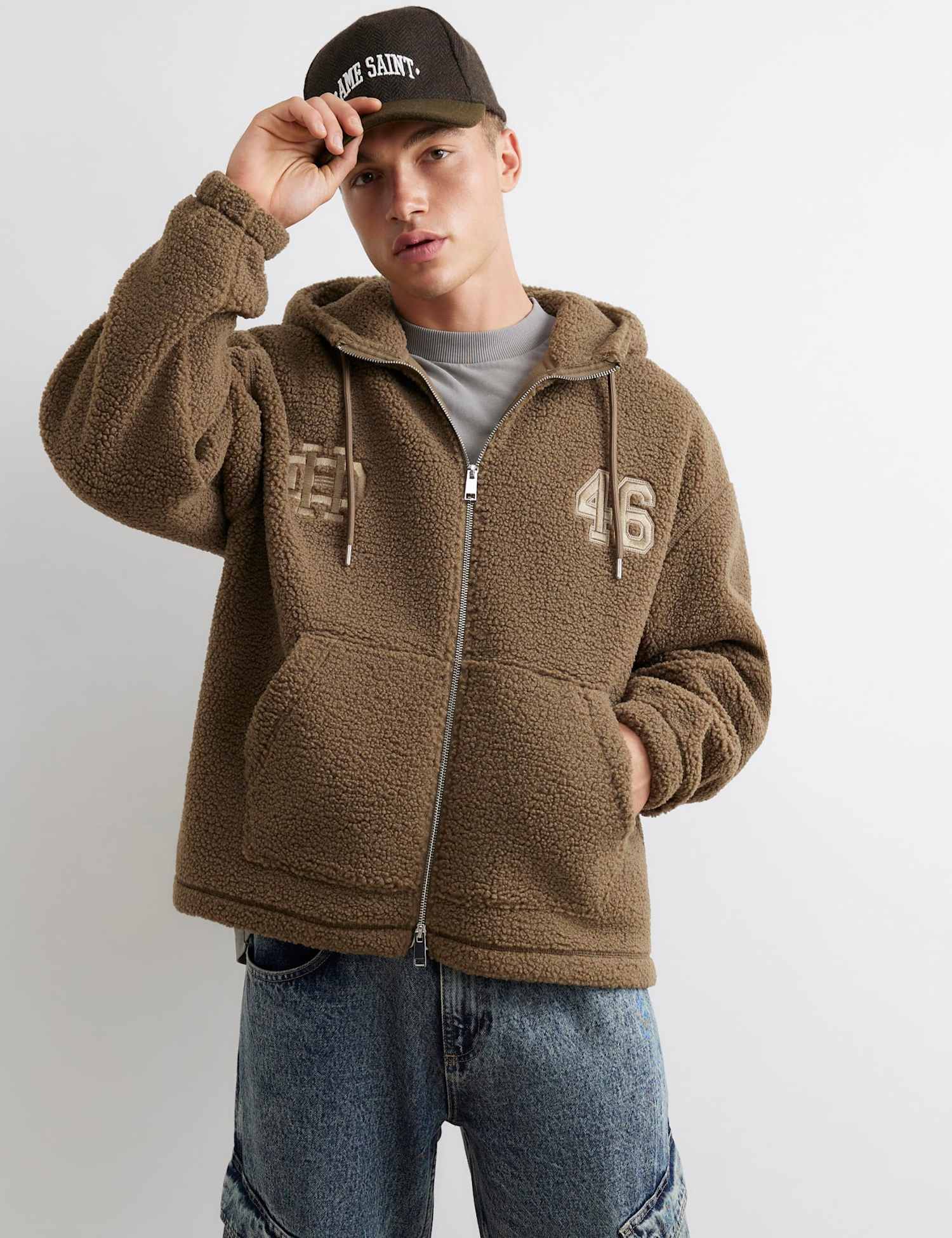 River Island Textured Weave Hooded Neck Knitted Hoodie Khaki