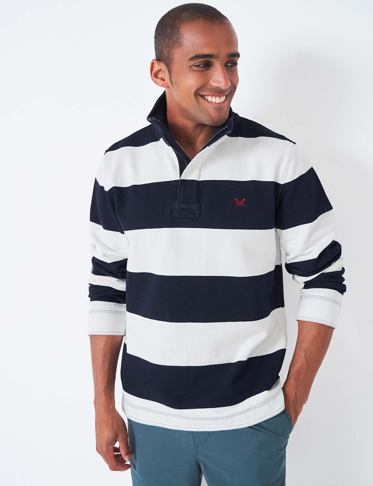 Crew Clothing Pure Cotton Pique Half Zip Sweatshirt Navy Mix