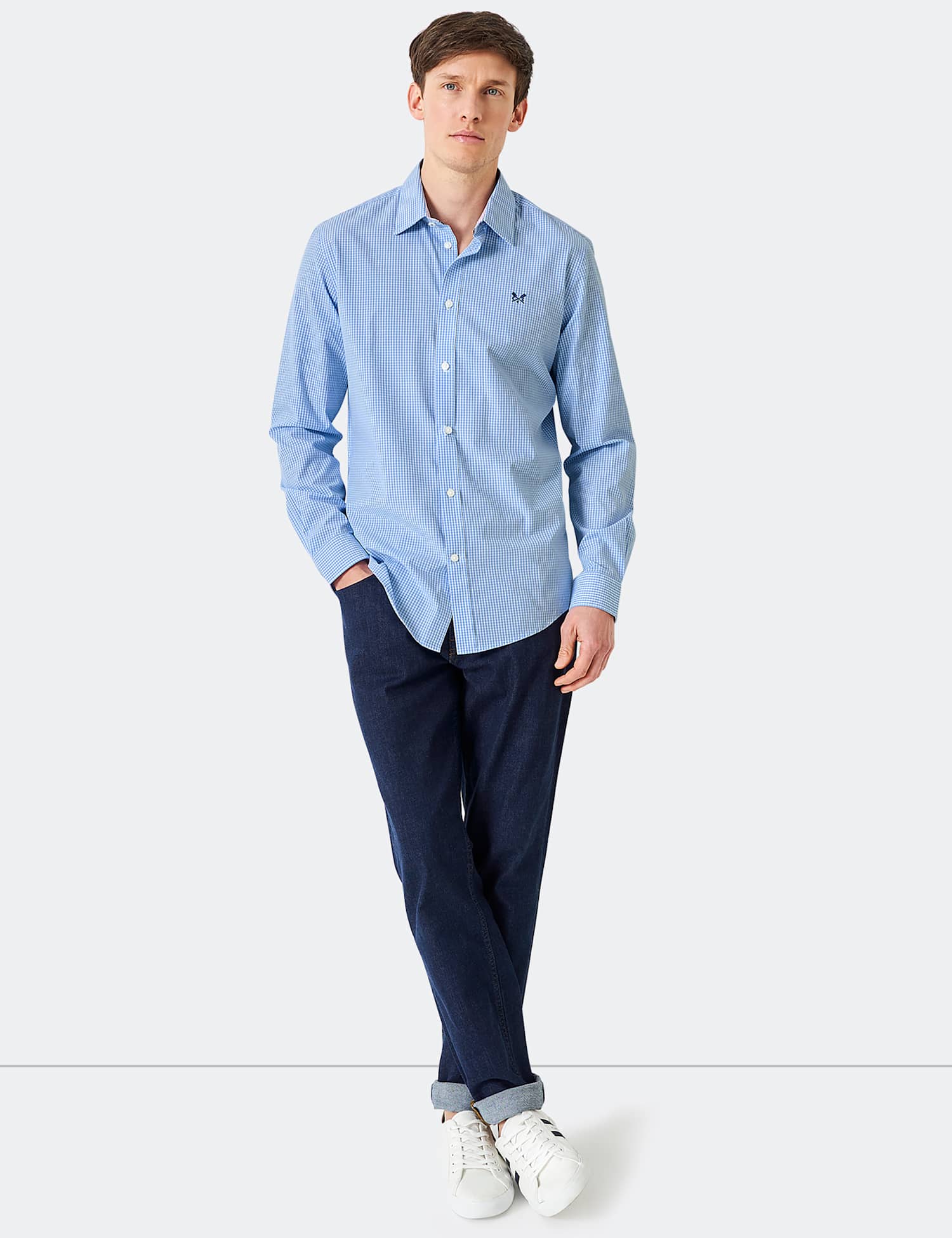 Crew Clothing Slim Fit Pure Cotton Check Poplin Shirt Blue Mix