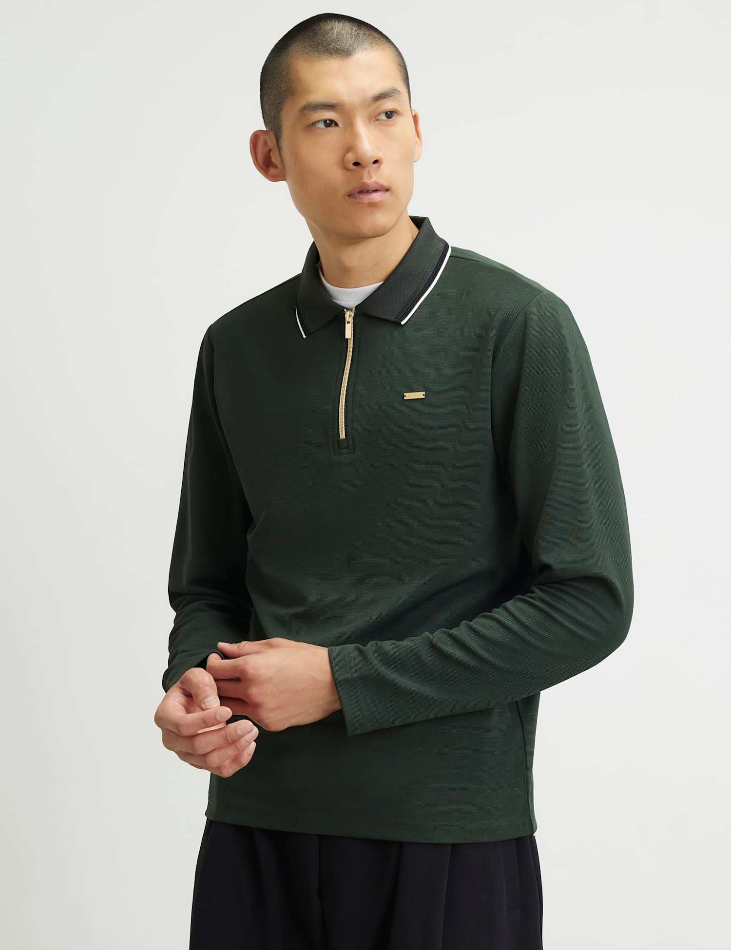 River Island Slim Ottoman Tipped Long Sleeve Polo Shirt Green