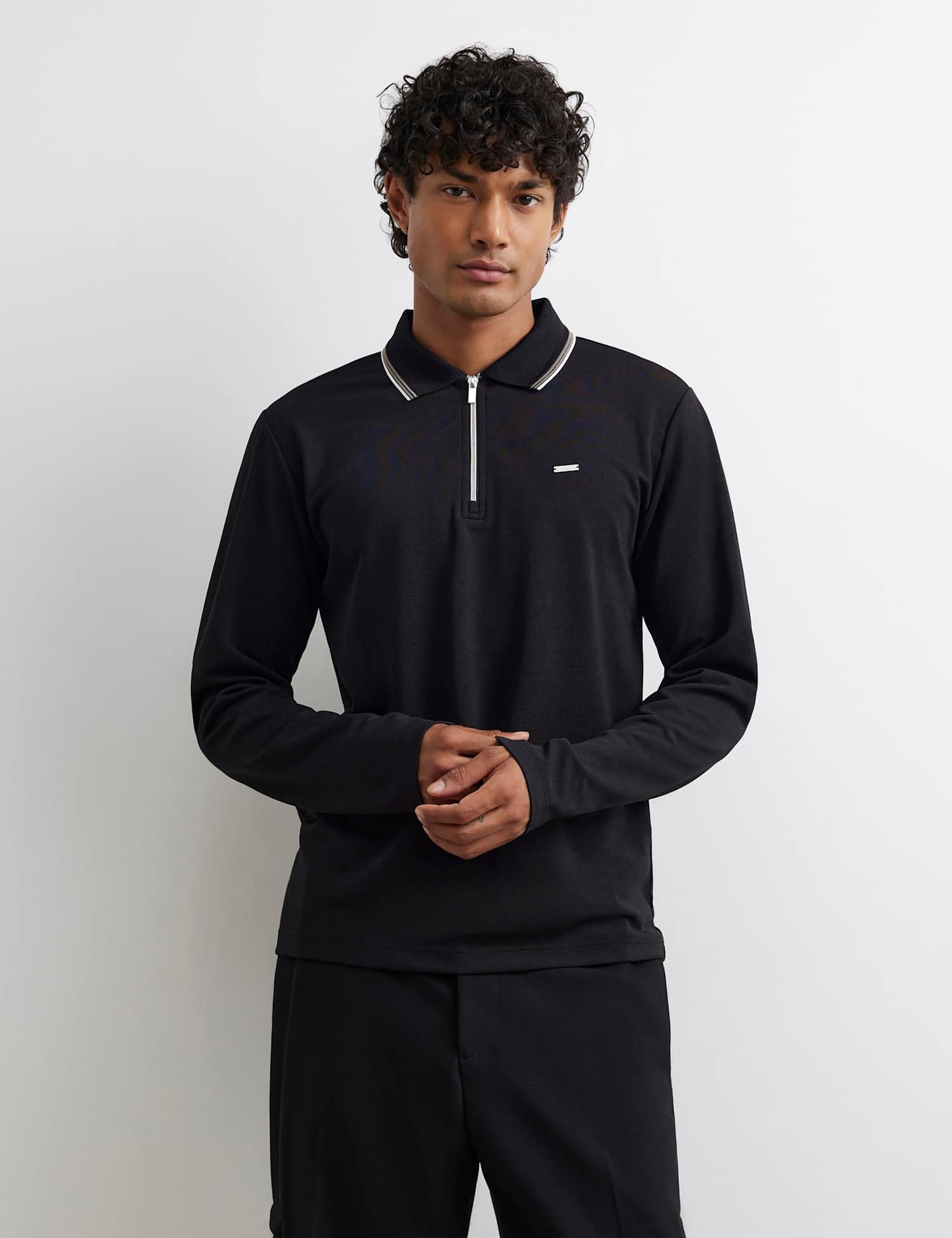 River Island Slim Ottoman Tipped Long Sleeve Polo Shirt Black