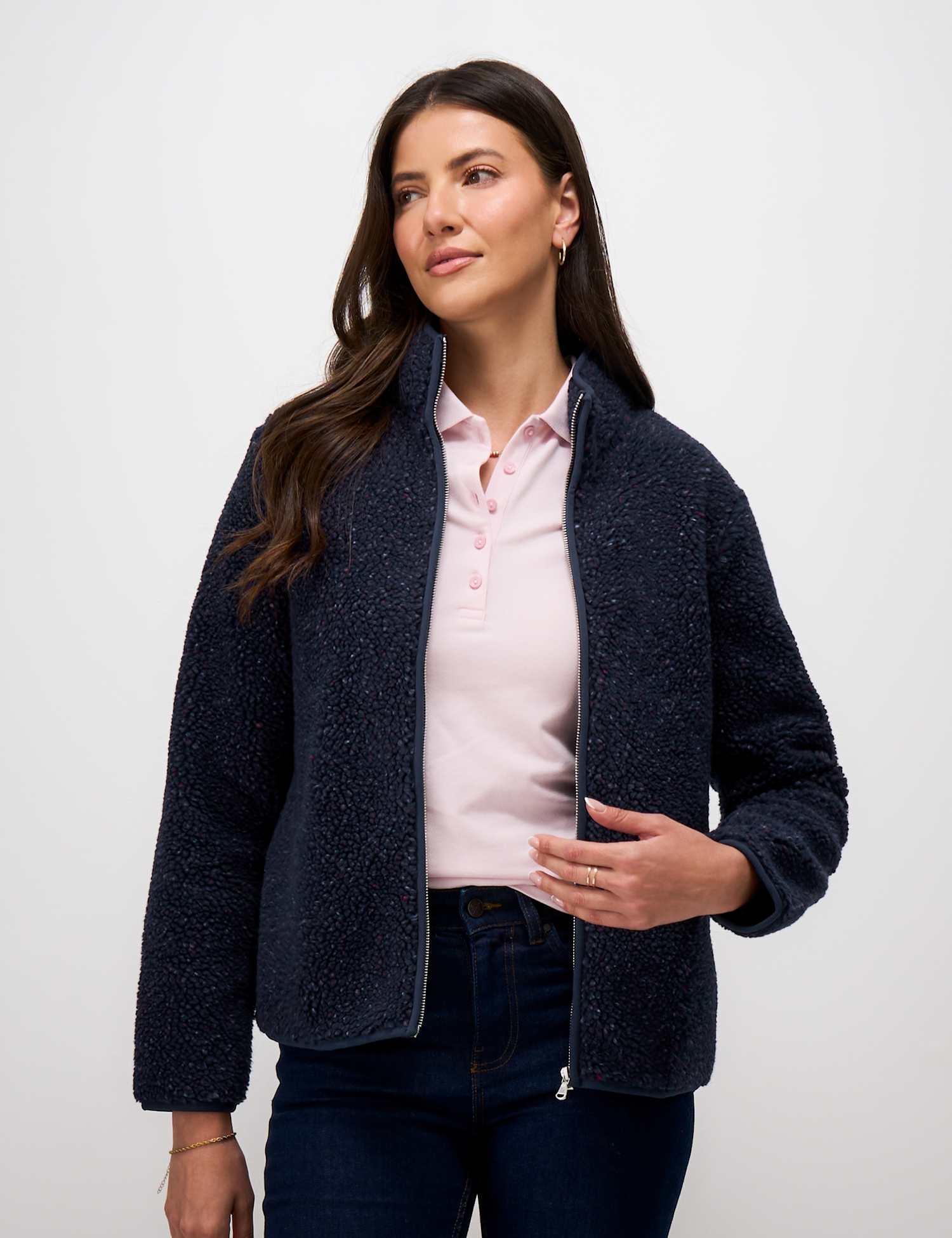 Crew Clothing Textured Funnel Neck Zip Through Fleece Navy