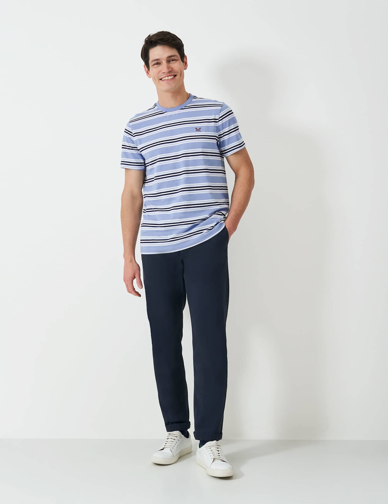 Crew Clothing Pure Cotton Striped Crew Neck T-Shirt Light Blue