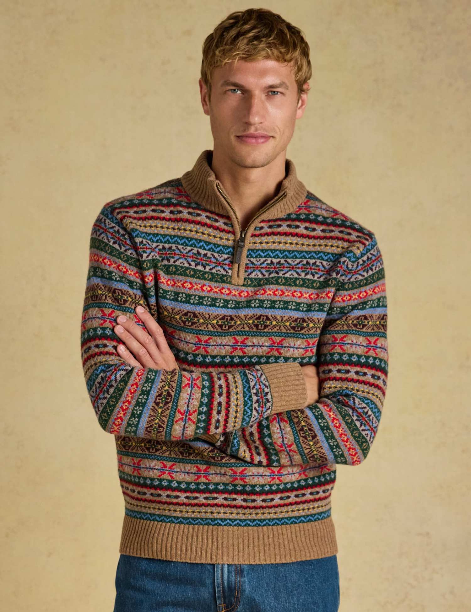 Joules Wool Rich Fair Isle Funnel Neck Quarter Zip Jumper Multi