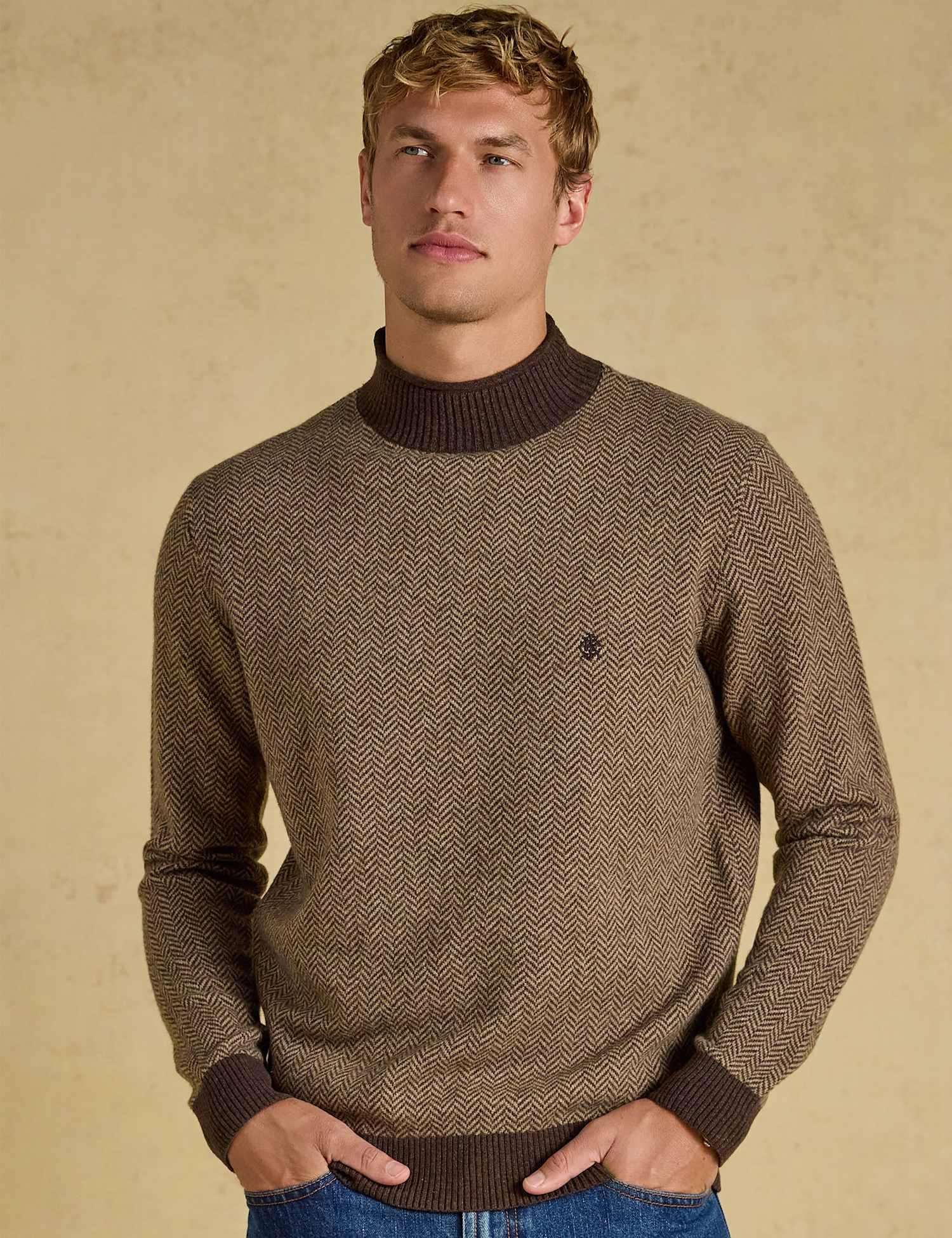 Joules Wool Rich Herringbone High Neck Jumper Brown