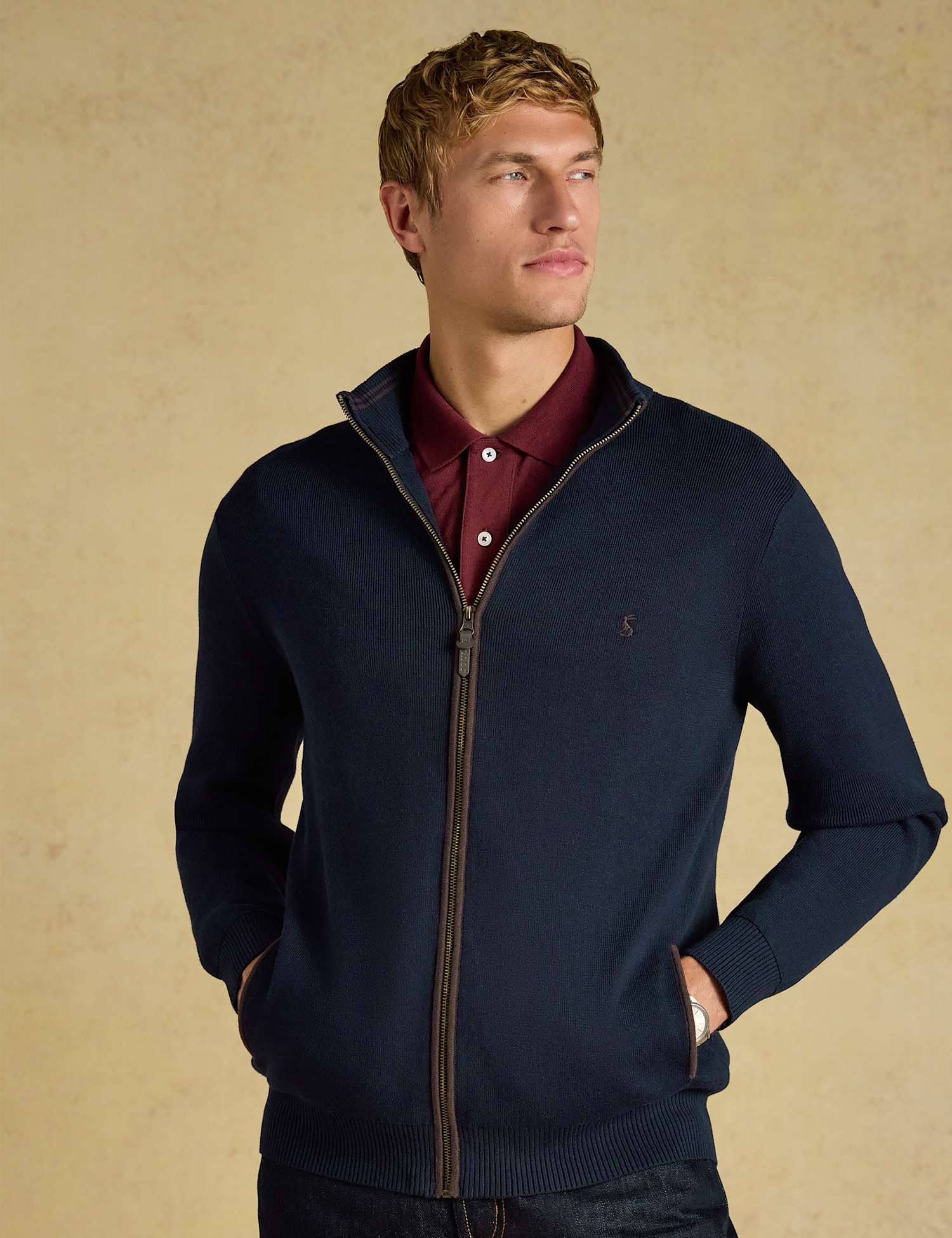 Joules Pure Cotton Textured Funnel Neck Zip Up Cardigan Navy