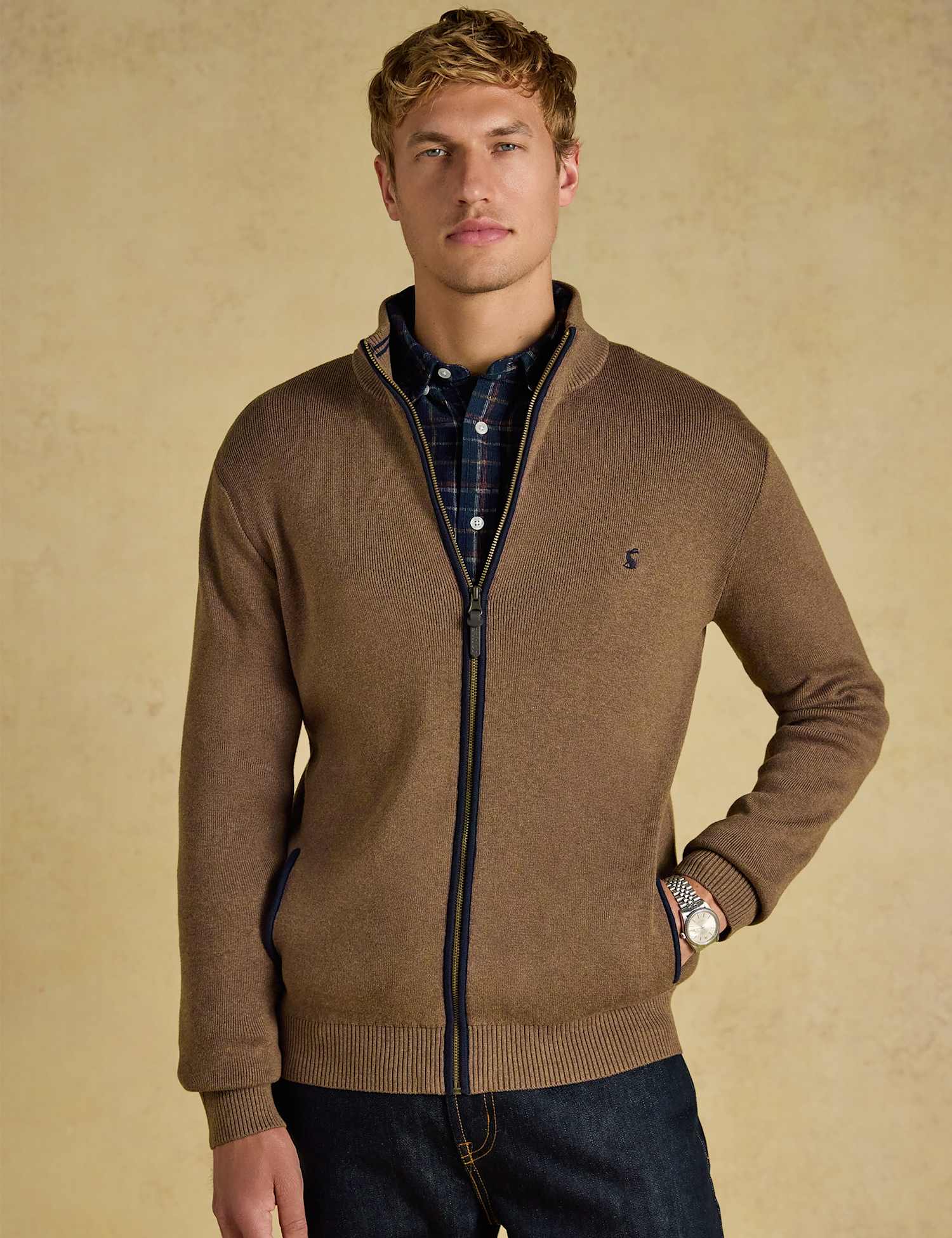 Joules Pure Cotton Textured Funnel Neck Zip Up Cardigan Brown