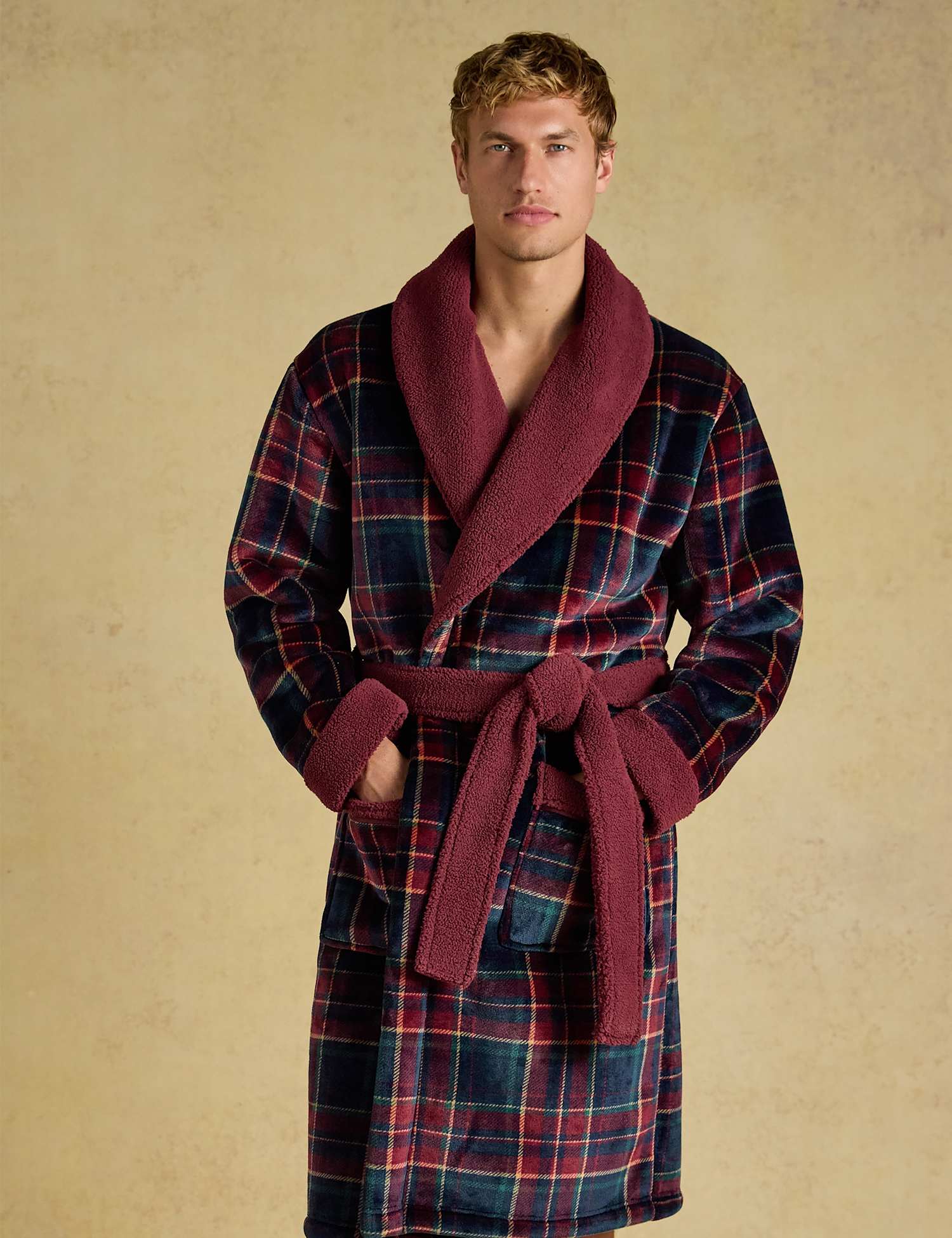 Joules Checked Shawl Collar Dressing Gown Burgundy Mix
