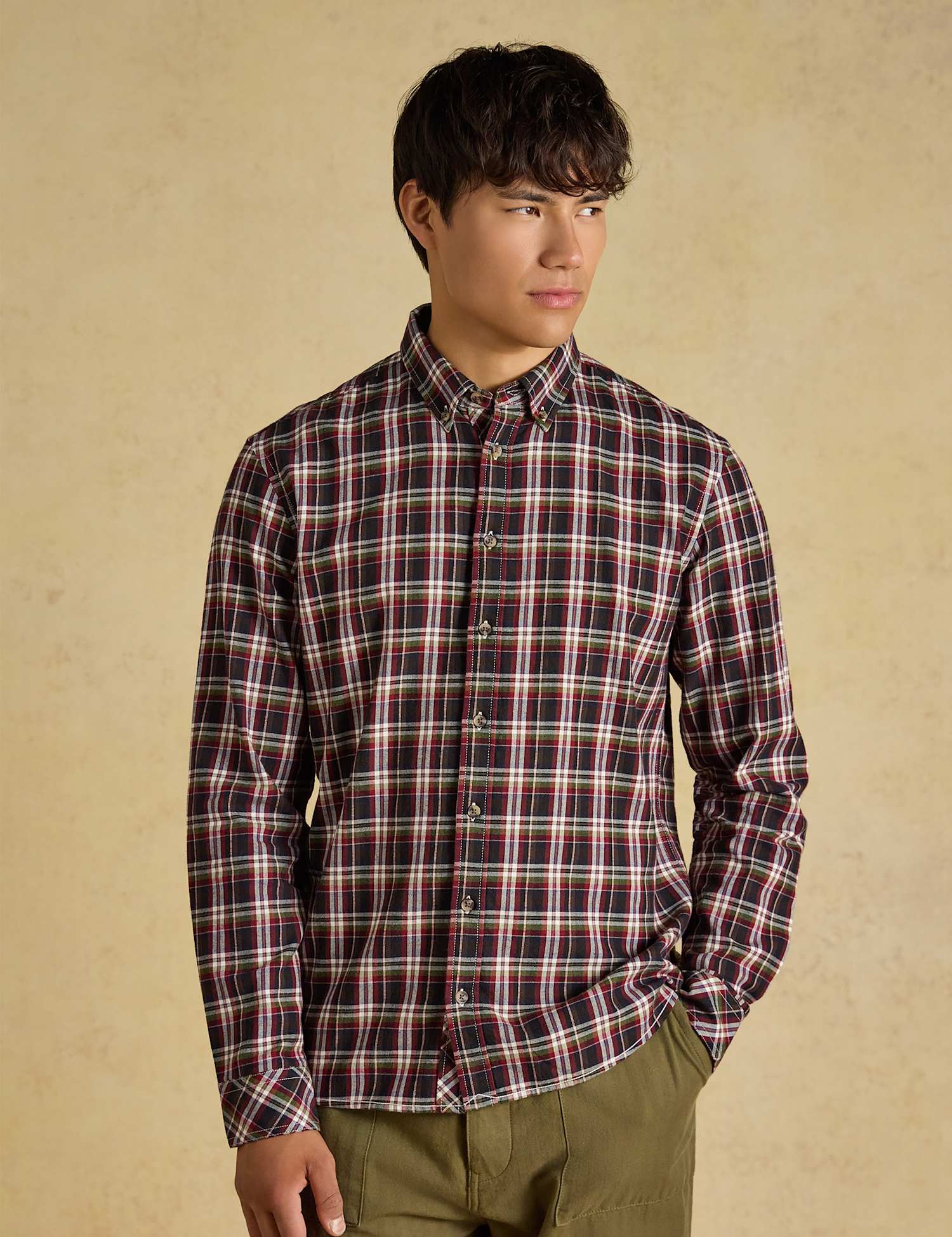 Joules Regular Fit Brushed Cotton Checked Flannel Shirt Burgundy Mix