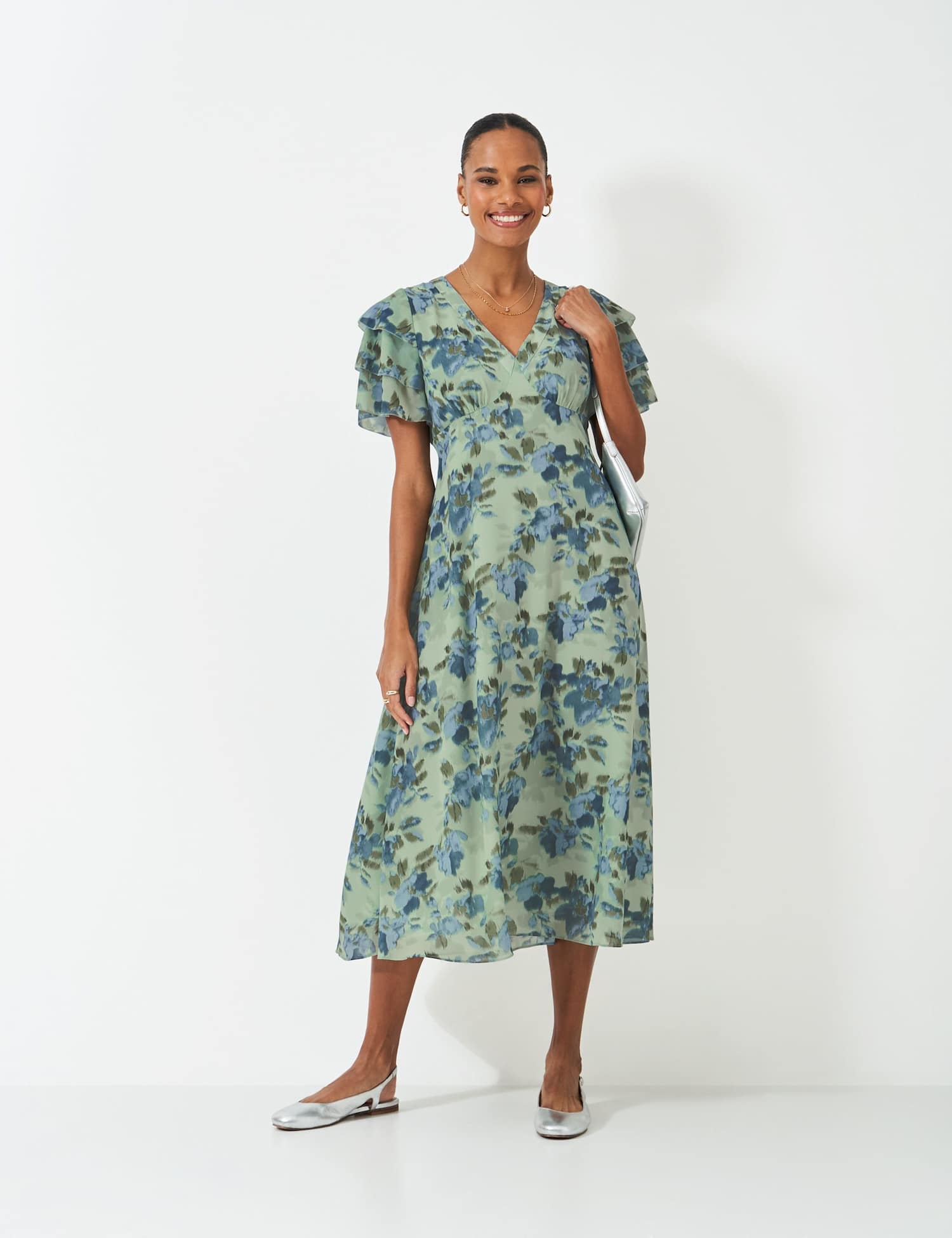 Crew Clothing Floral Flutter Sleeve Midi Tea Dress Medium Green