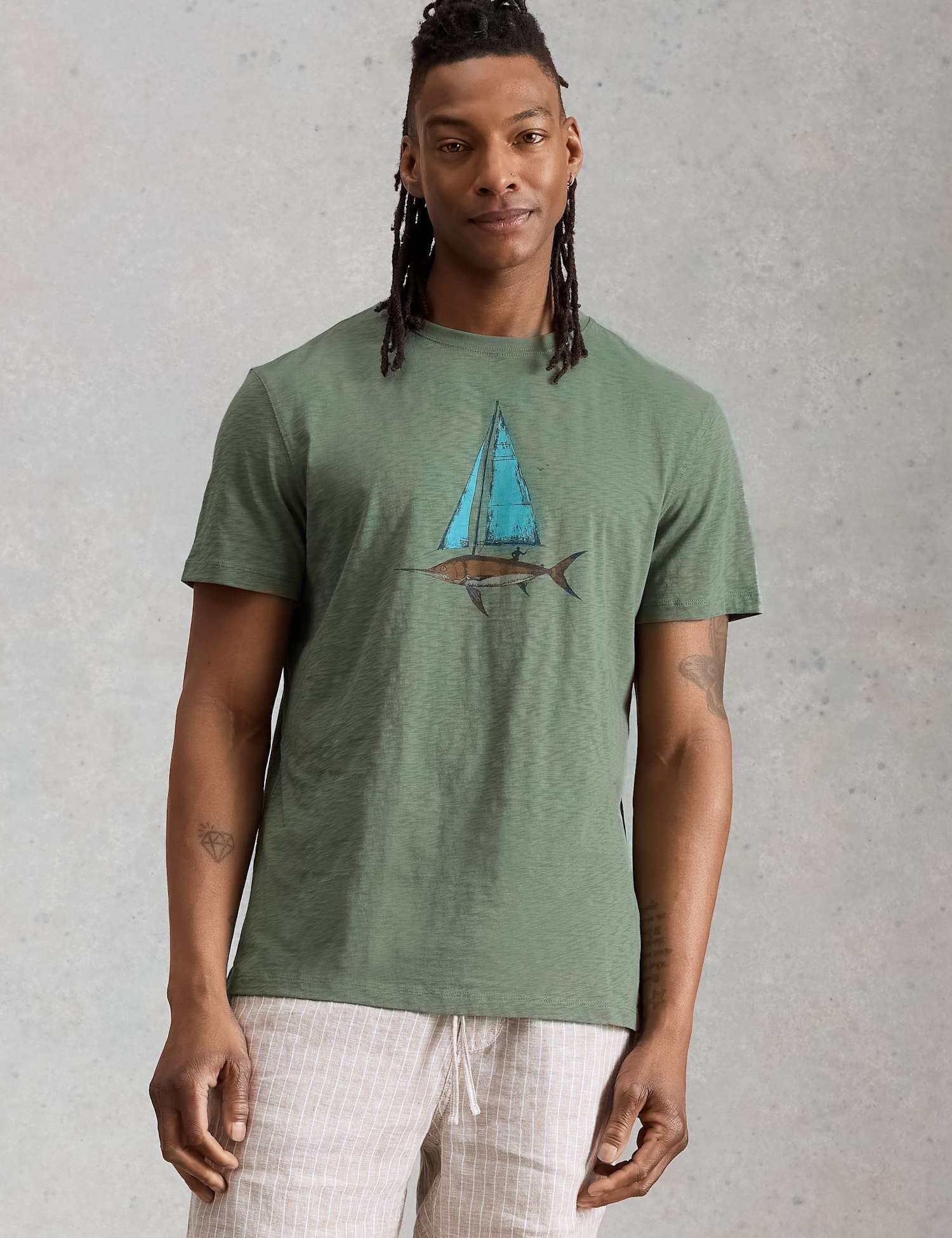 White Stuff Pure Cotton Fish Sail Graphic T-Shirt Green Mix
