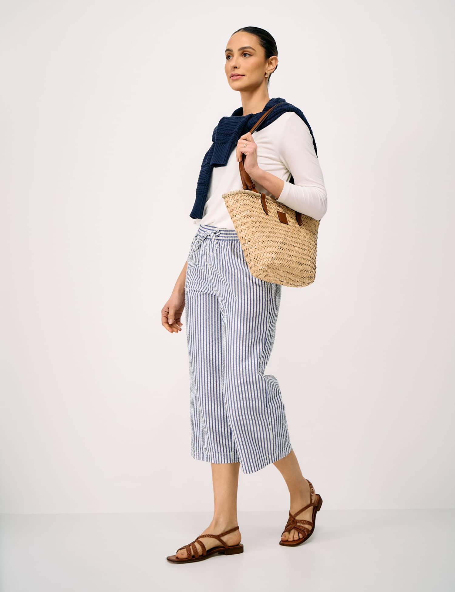 Crew Clothing Striped Seersucker Wide Leg Cropped Trousers Blue Mix