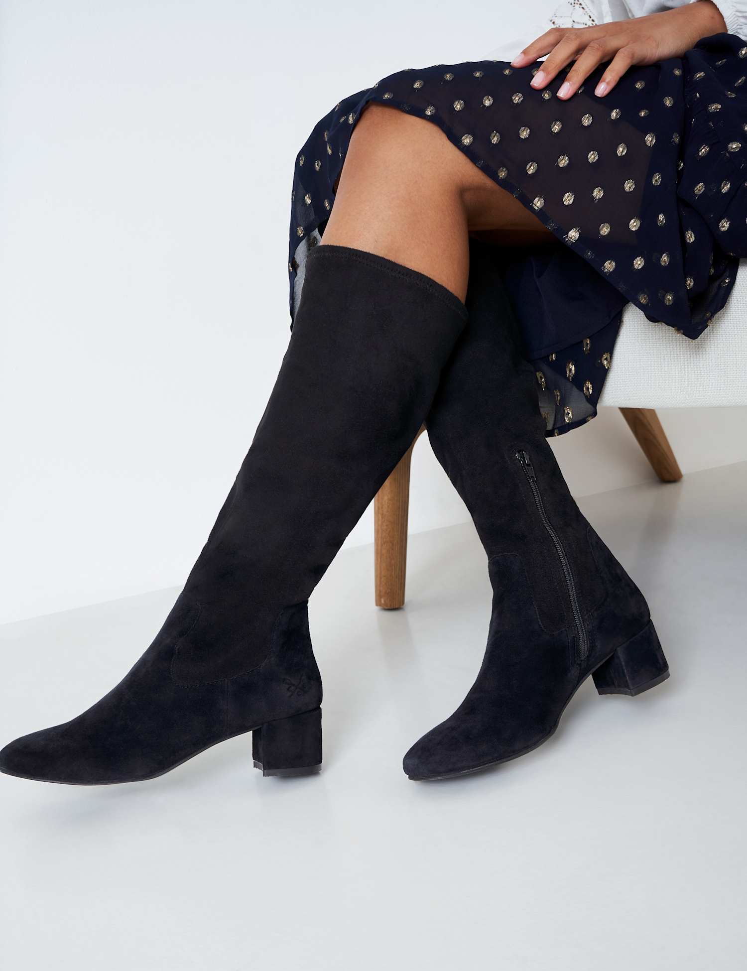 Crew Clothing Suede Block Heel Knee High Boots Black