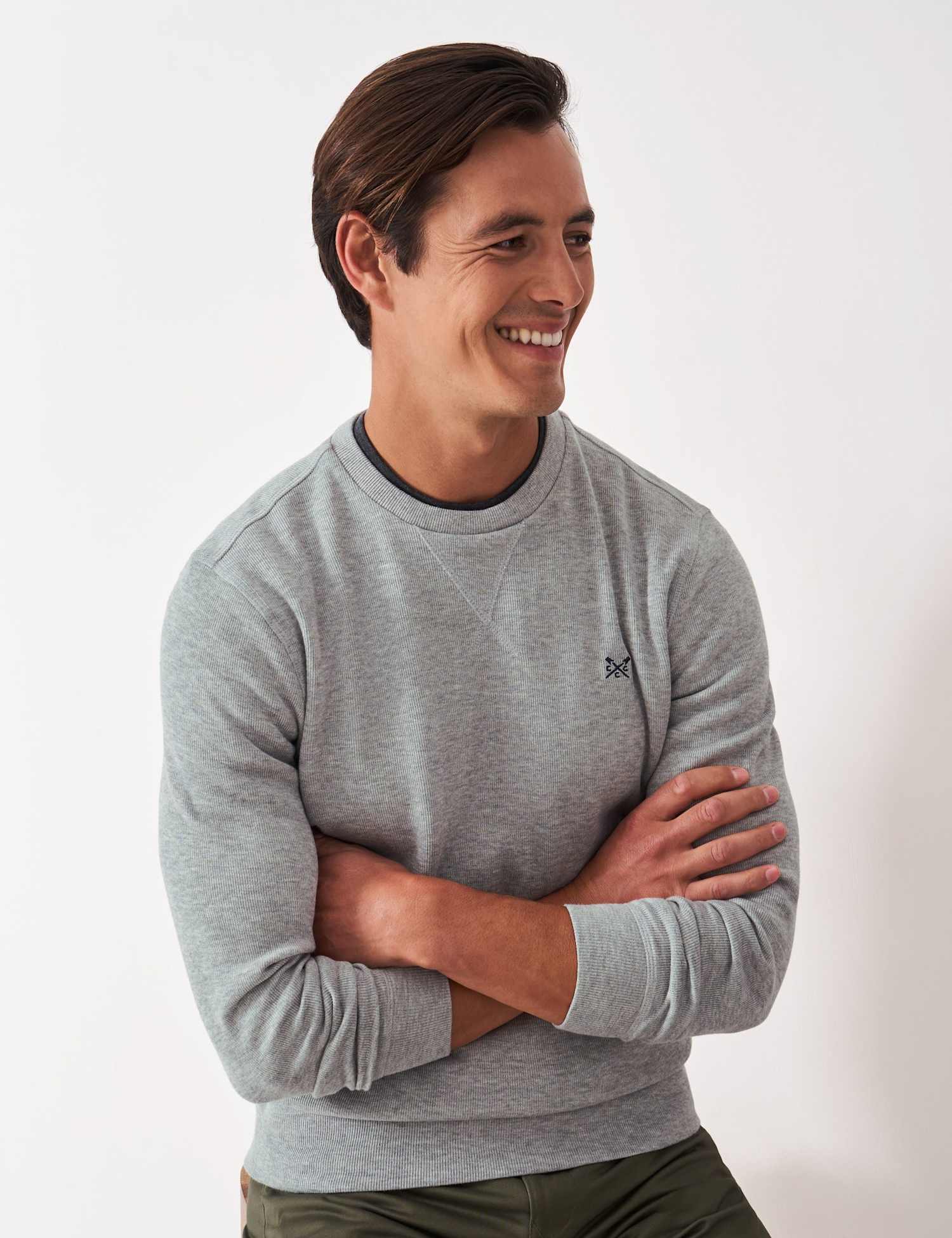 Crew Clothing Pure Cotton Ribbed Crew Neck Jumper Medium Grey