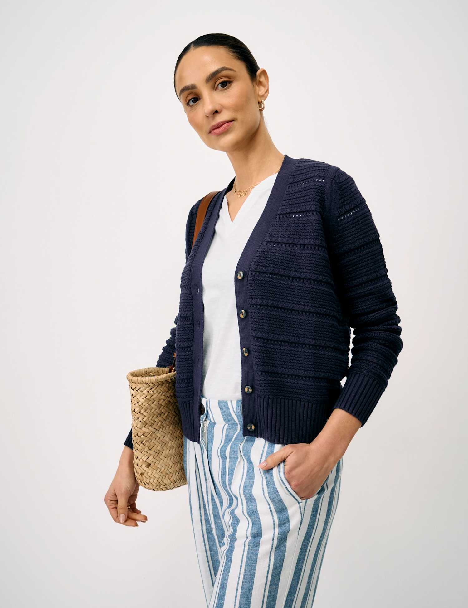 Crew Clothing Pure Cotton Textured V-Neck Cardigan Navy