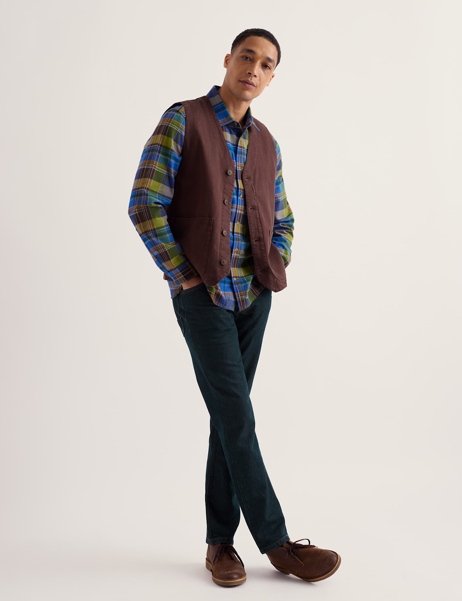 Seasalt Cornwall Linen Rich Herringbone Waistcoat Dark Brown
