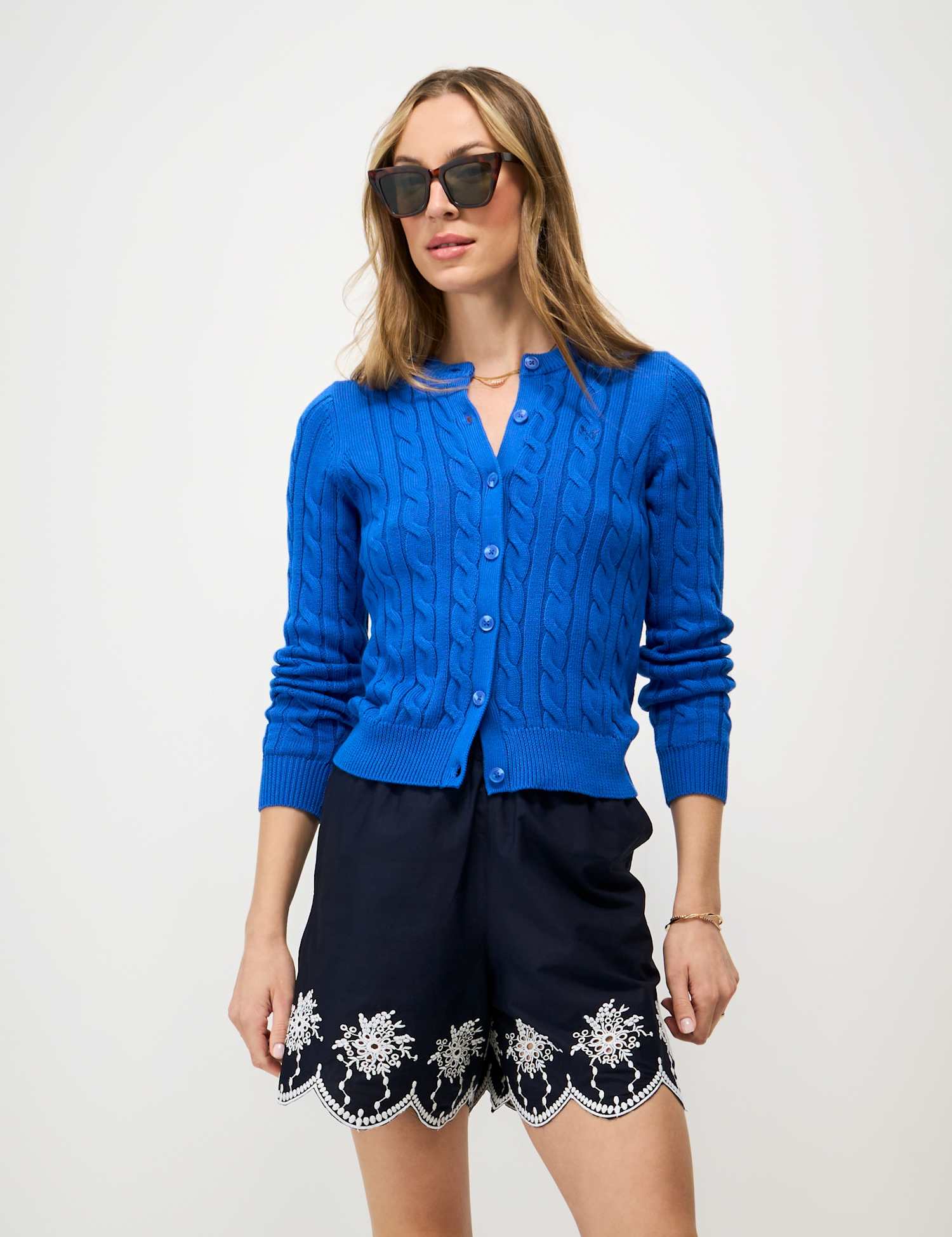 Crew Clothing Pure Cotton Broderie Shorts Dark Blue