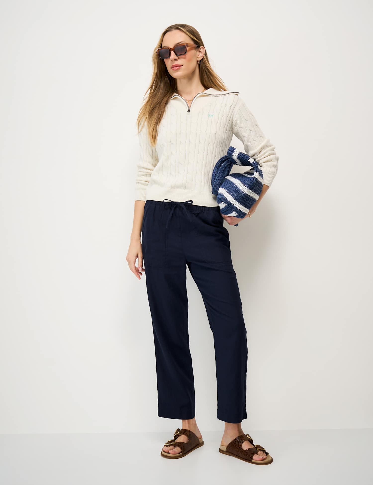 Crew Clothing Linen Rich Drawstring Tapered Trousers Navy