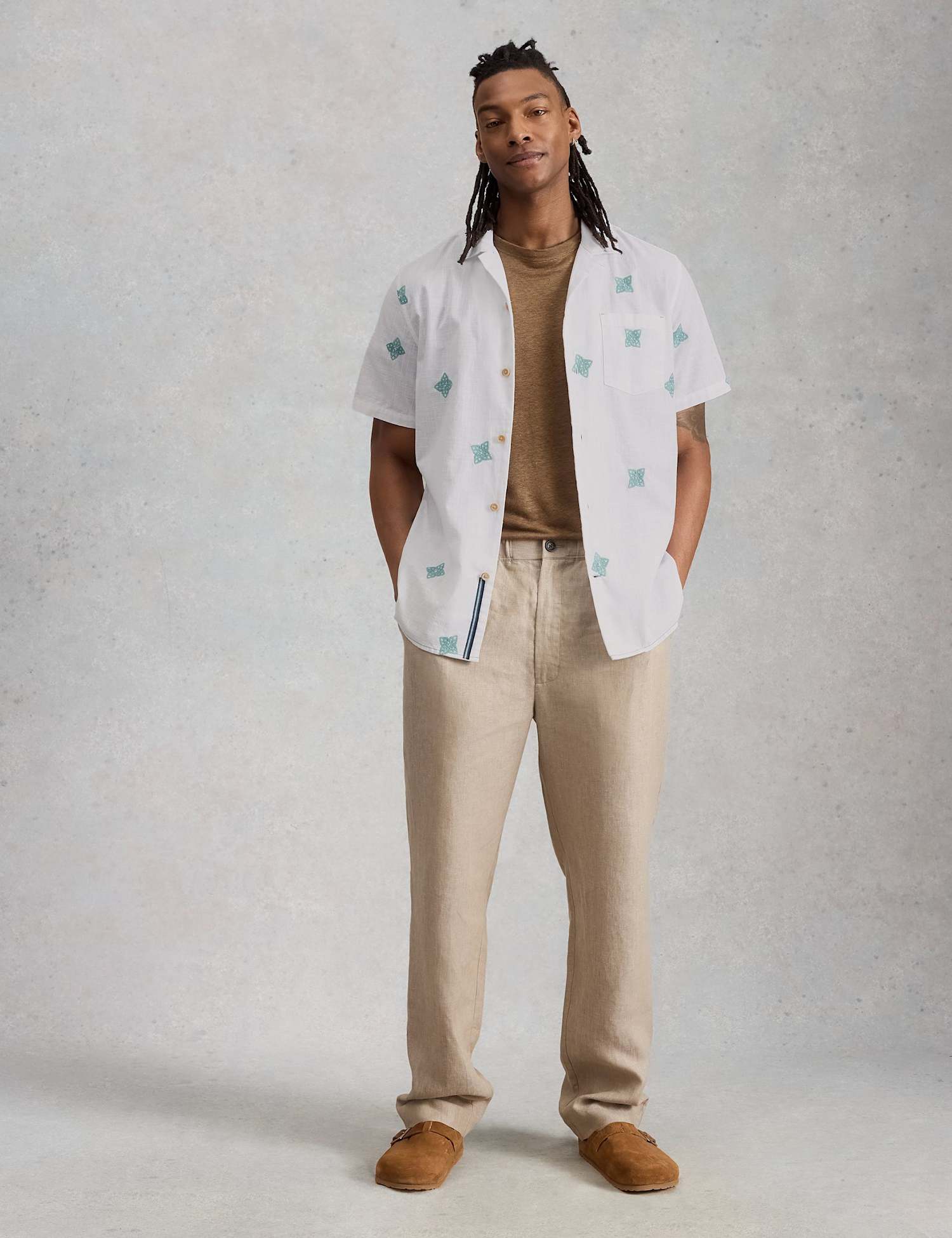 White Stuff Pure Cotton Embroidered Short Sleeve Shirt White Mix