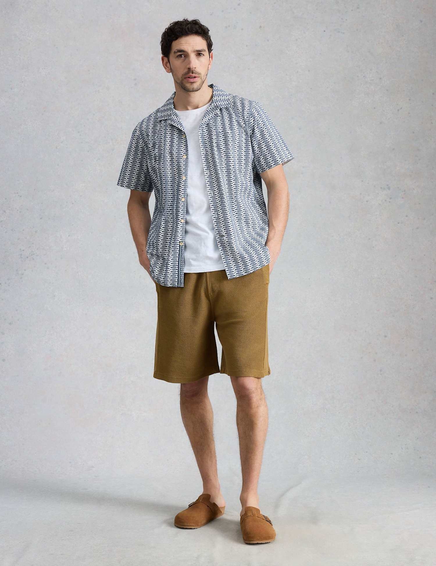 White Stuff Pure Cotton Fish Print Short Sleeve Shirt Navy Mix