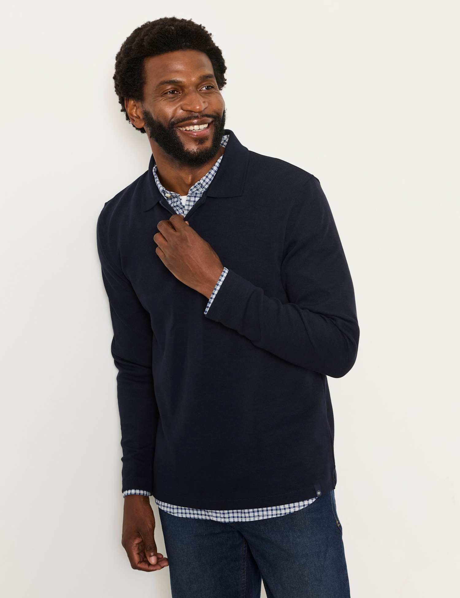 FatFace Cotton Rich Ribbed Long Sleeve Polo Shirt Navy