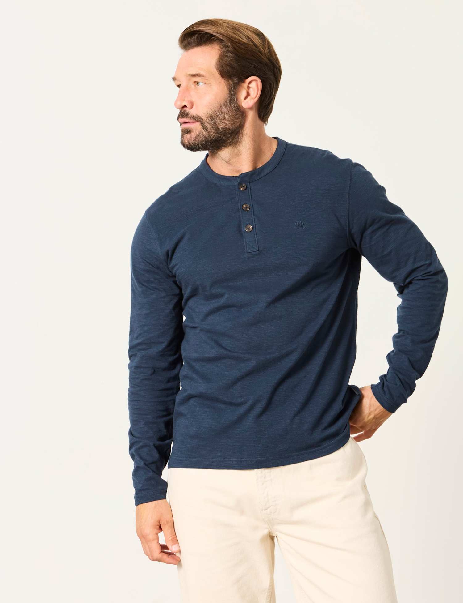 FatFace Pure Cotton Henley Long Sleeve Top Navy