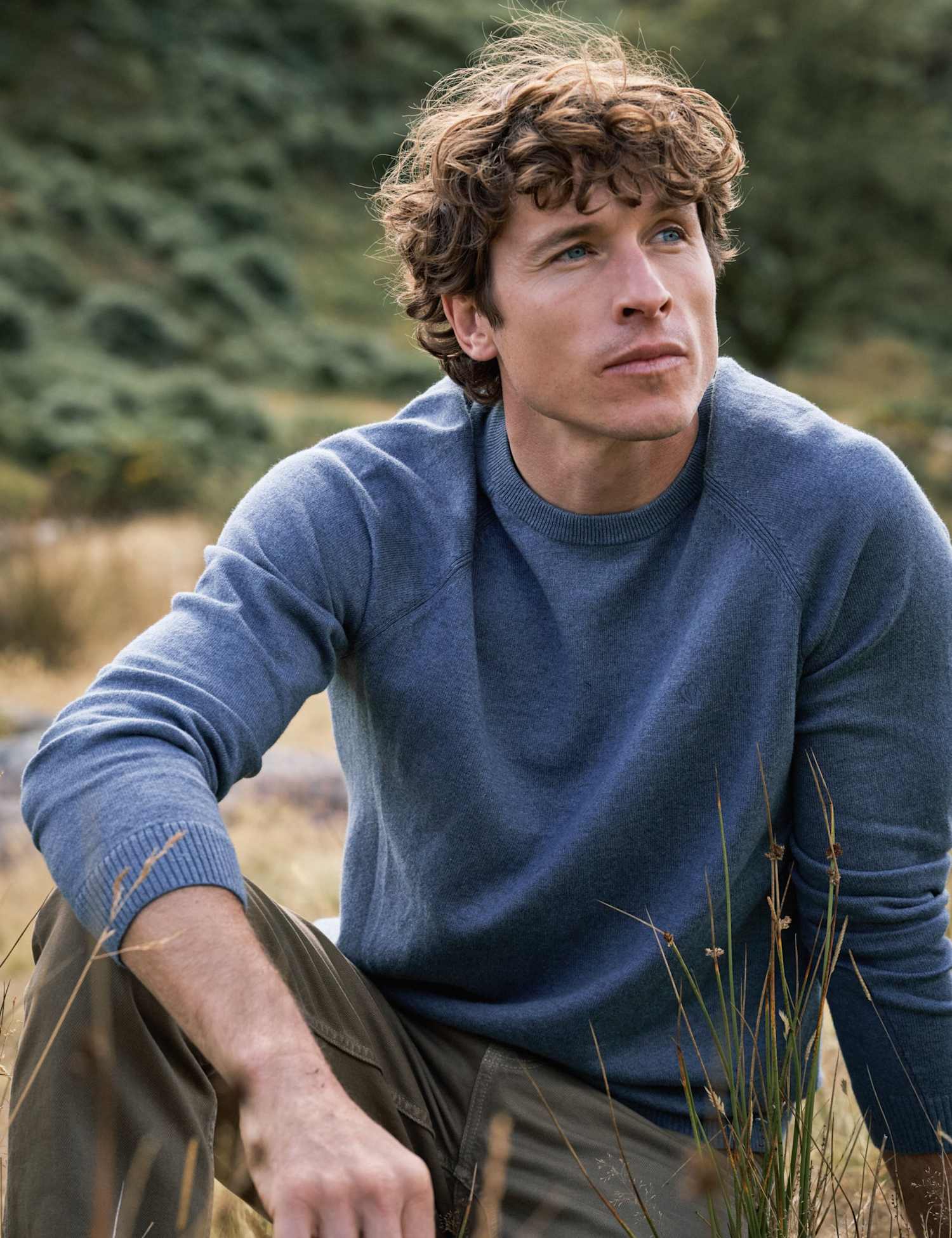 FatFace Cotton Rich Crew Neck Jumper with Cashmere Blue Denim