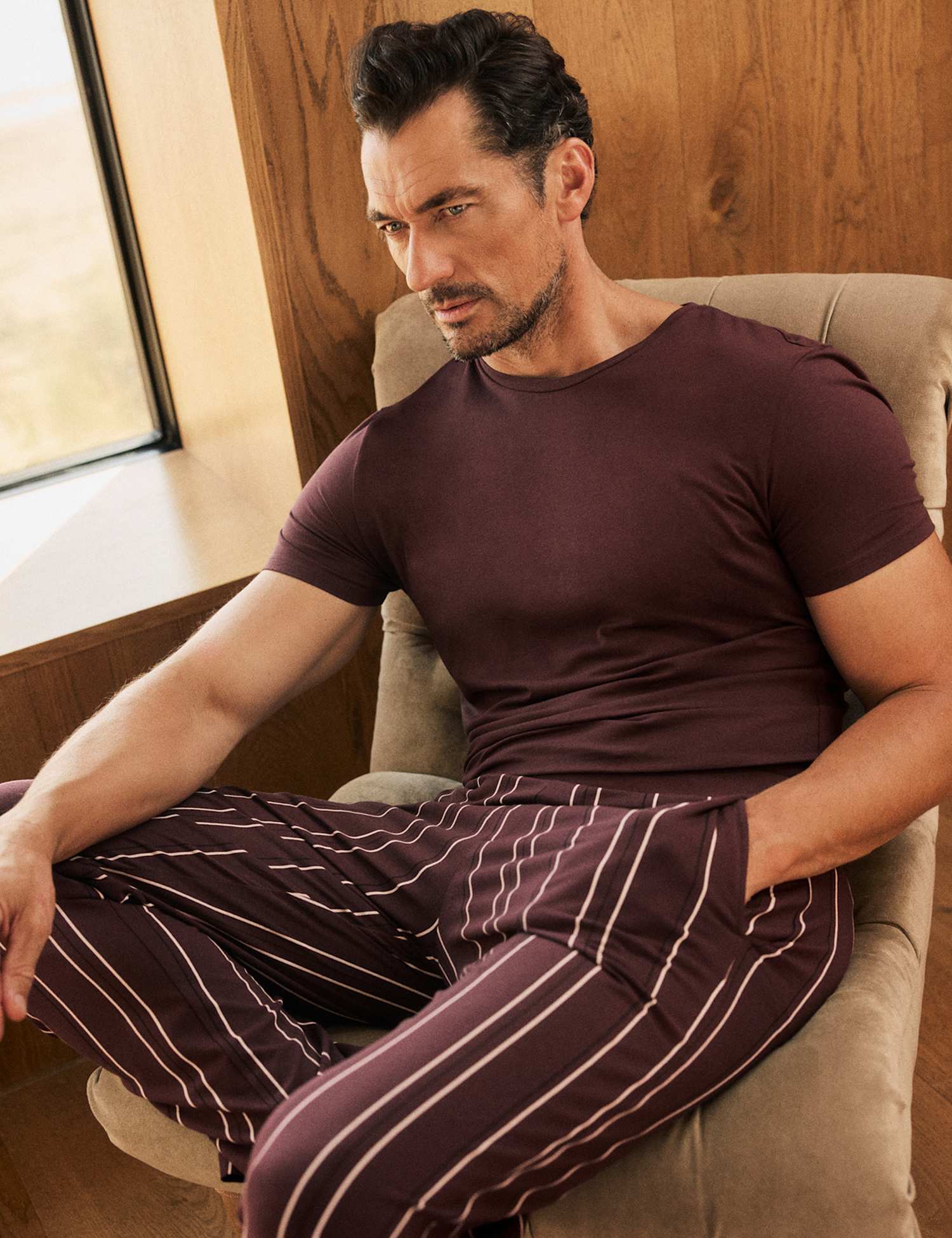 David Gandy Wellwear Cotton Blend Striped Pyjama Set Plum