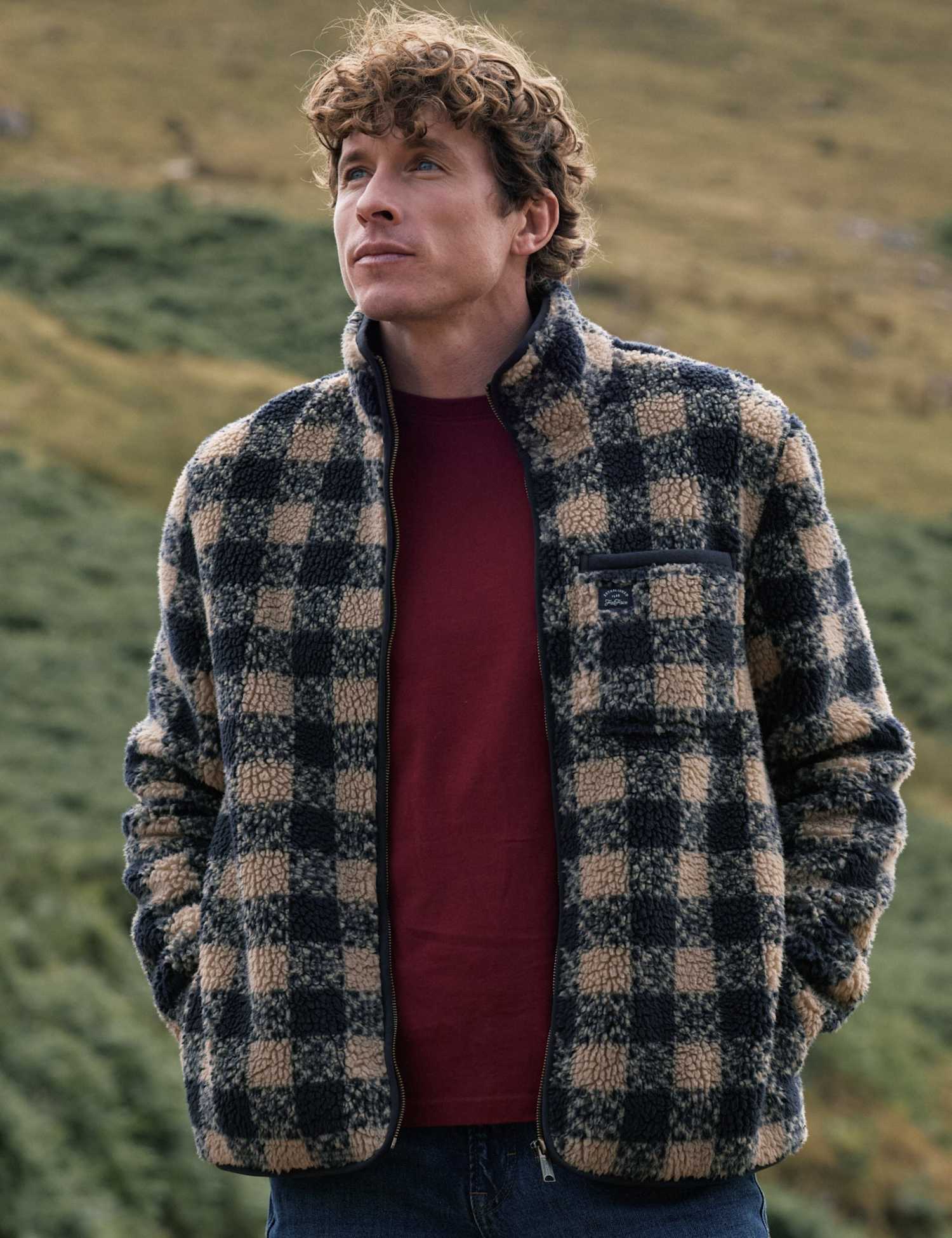 FatFace Checked Zip Up Fleece Navy Mix