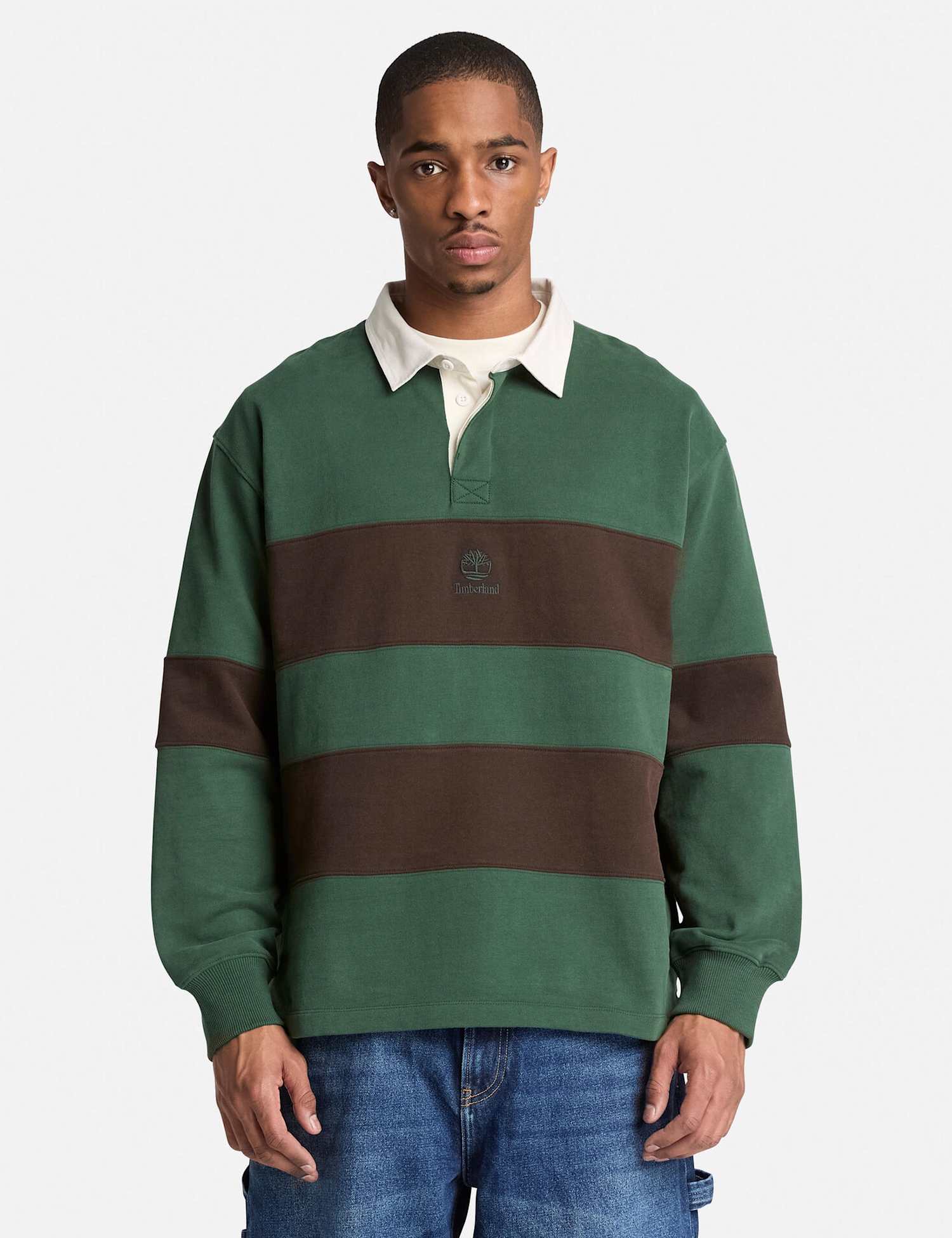 Timberland Contrast Collar Striped Rugby Sweatshirt Dark Green Mix