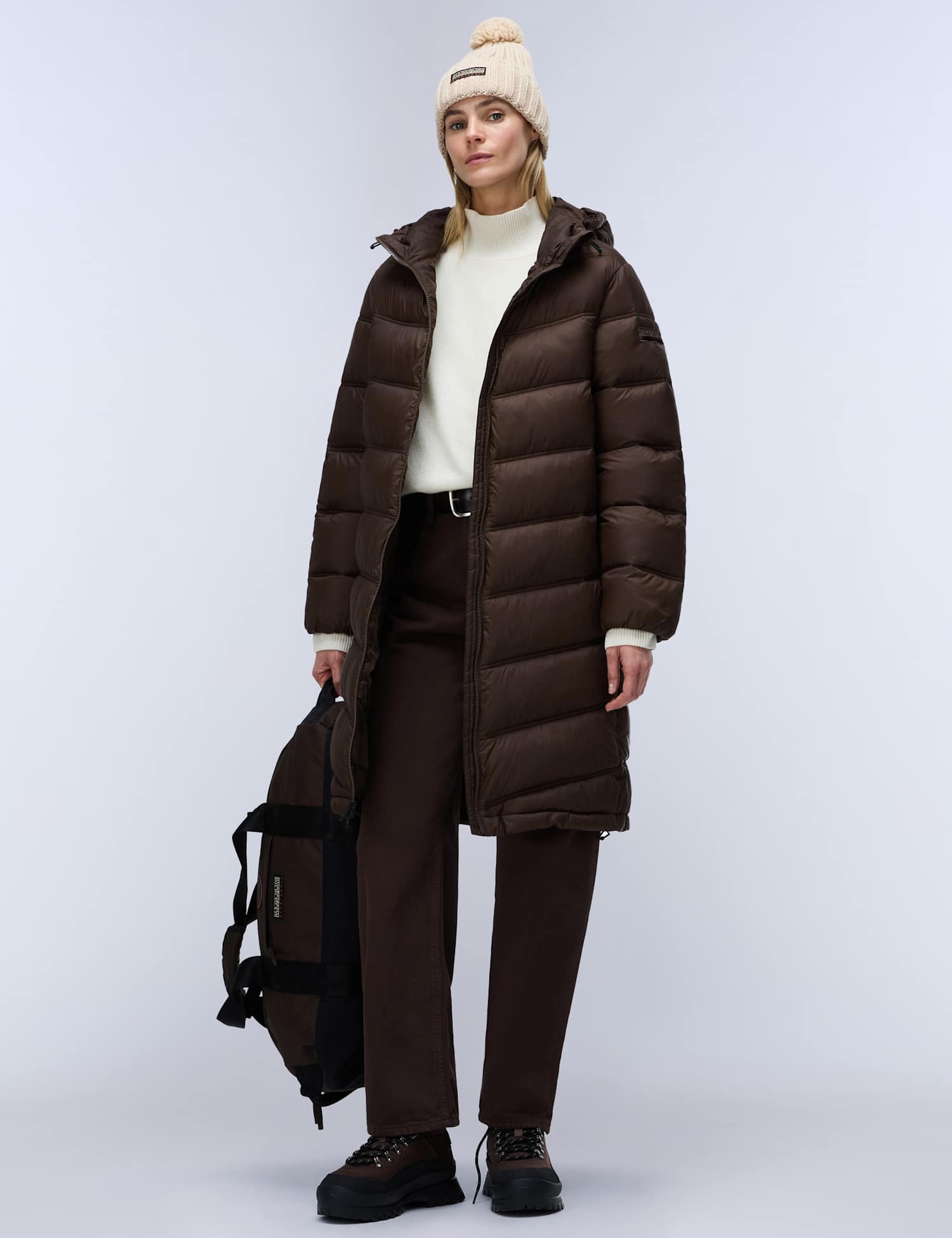 Napapijri Hooded Longline Puffer Jacket Dark Brown