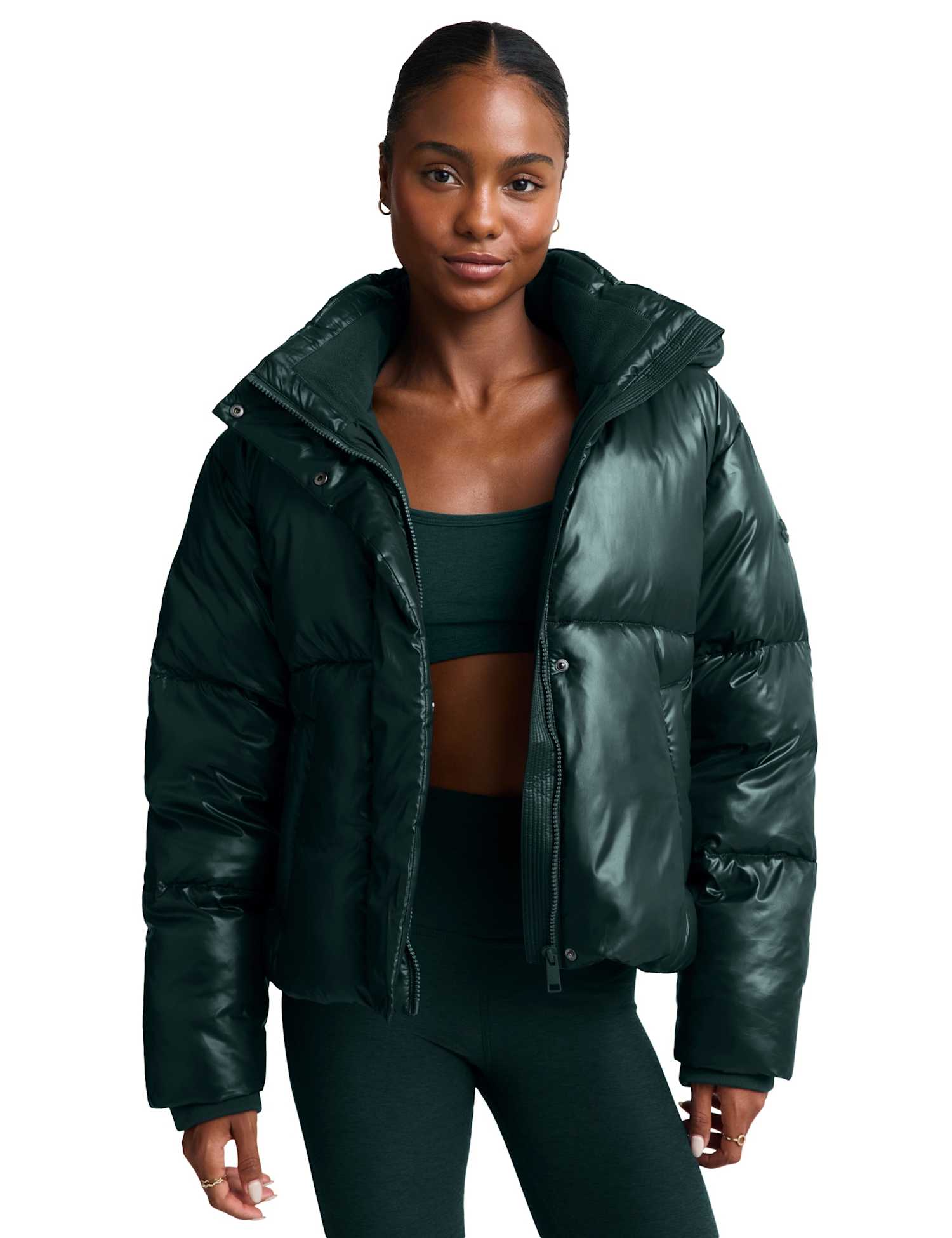 Beyond Yoga Up For It Puff Shine Hooded Jacket Dark Green