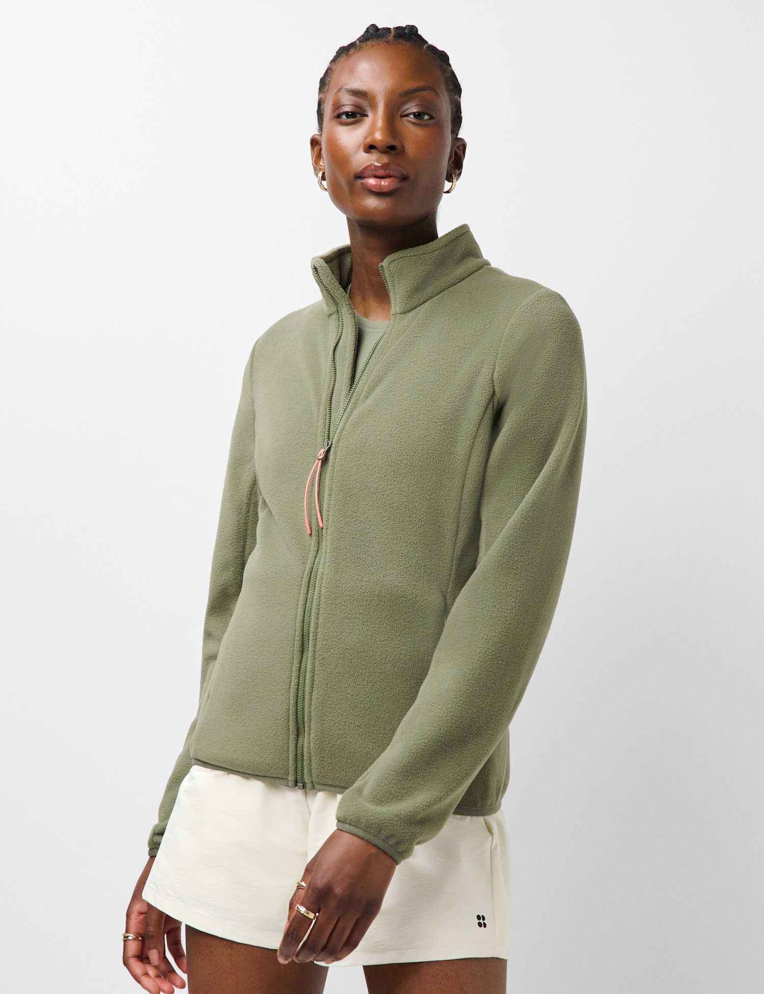 Sweaty Betty Evergreen Zip Up Funnel Neck Sports Fleece Dark Khaki
