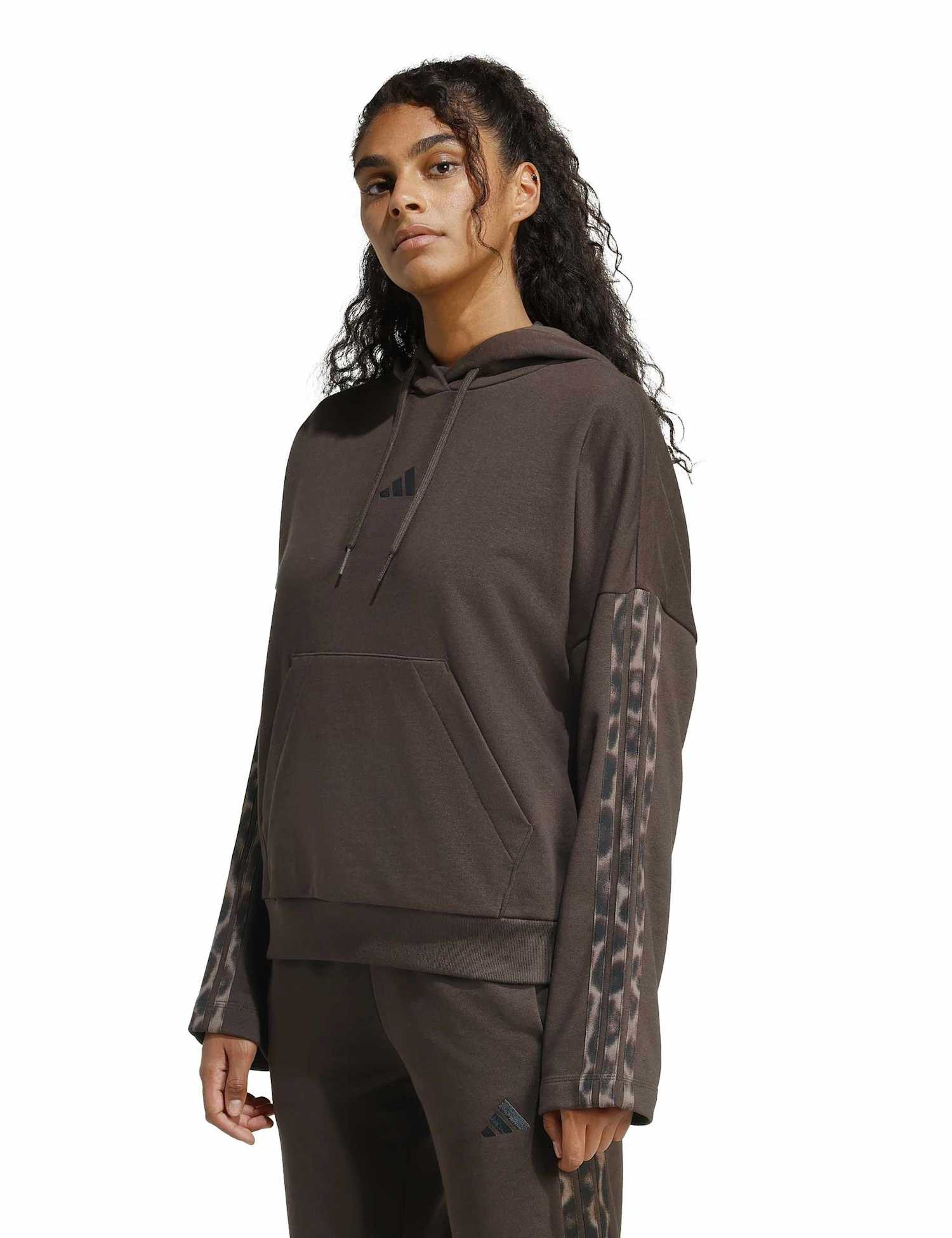 adidas Leopard Print Sleeve Terry Relaxed Hoodie Brown