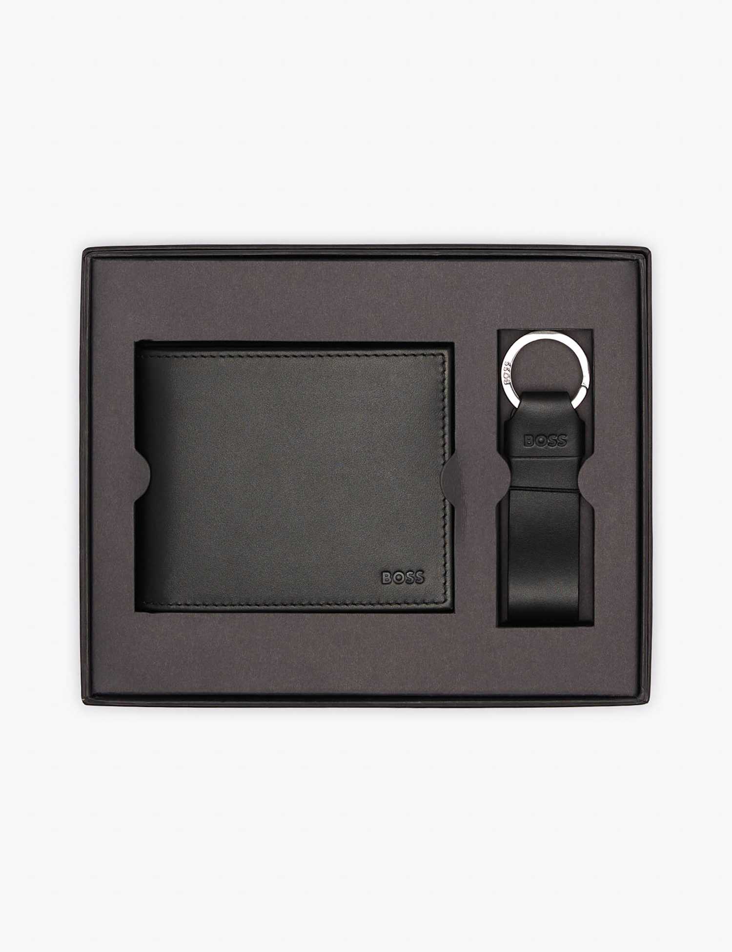 Boss Leather Tri-fold Wallet and Keyring Gift Set Black