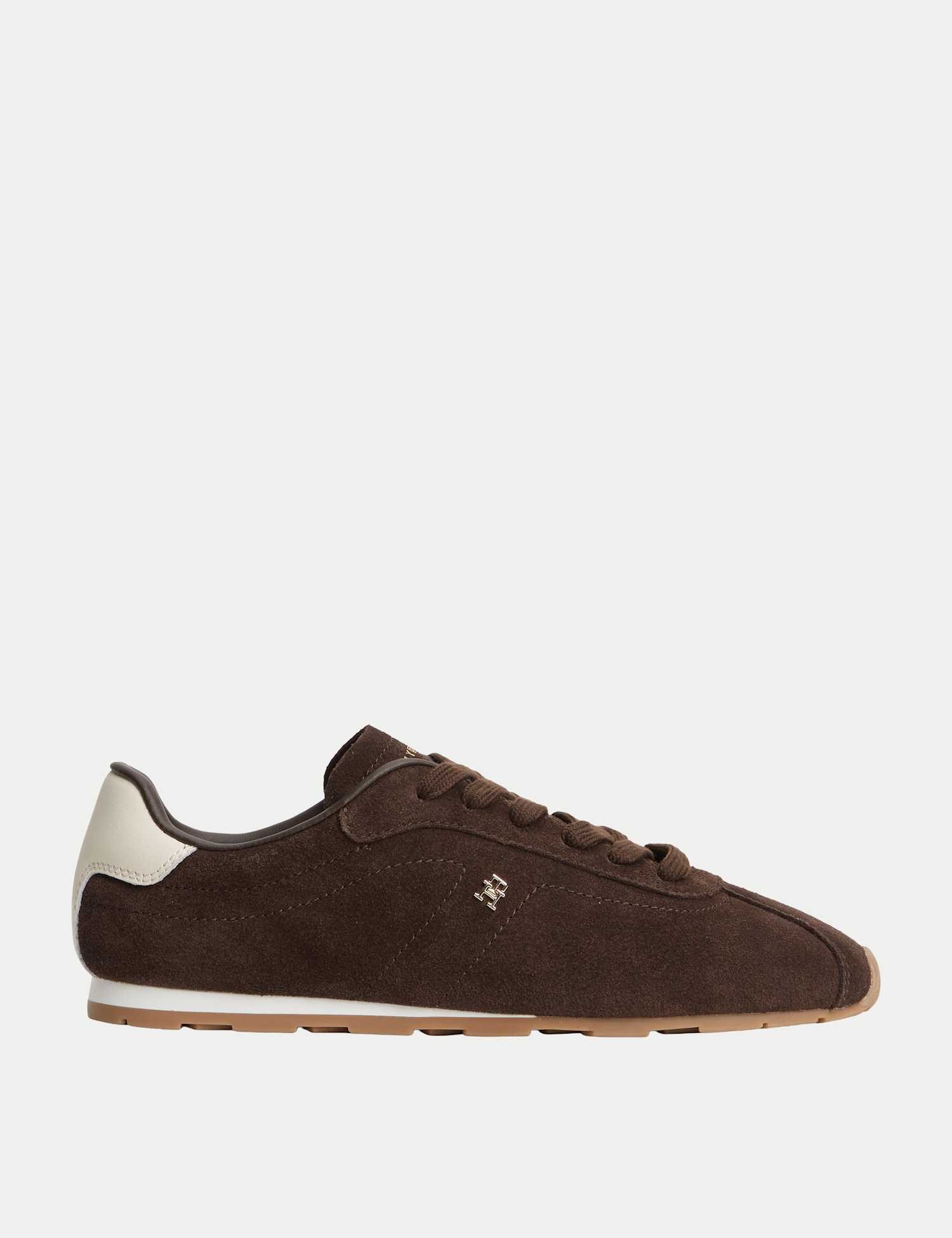 Tommy Hilfiger TH Bella Suede Monogram Lace Up Trainers Dark Brown