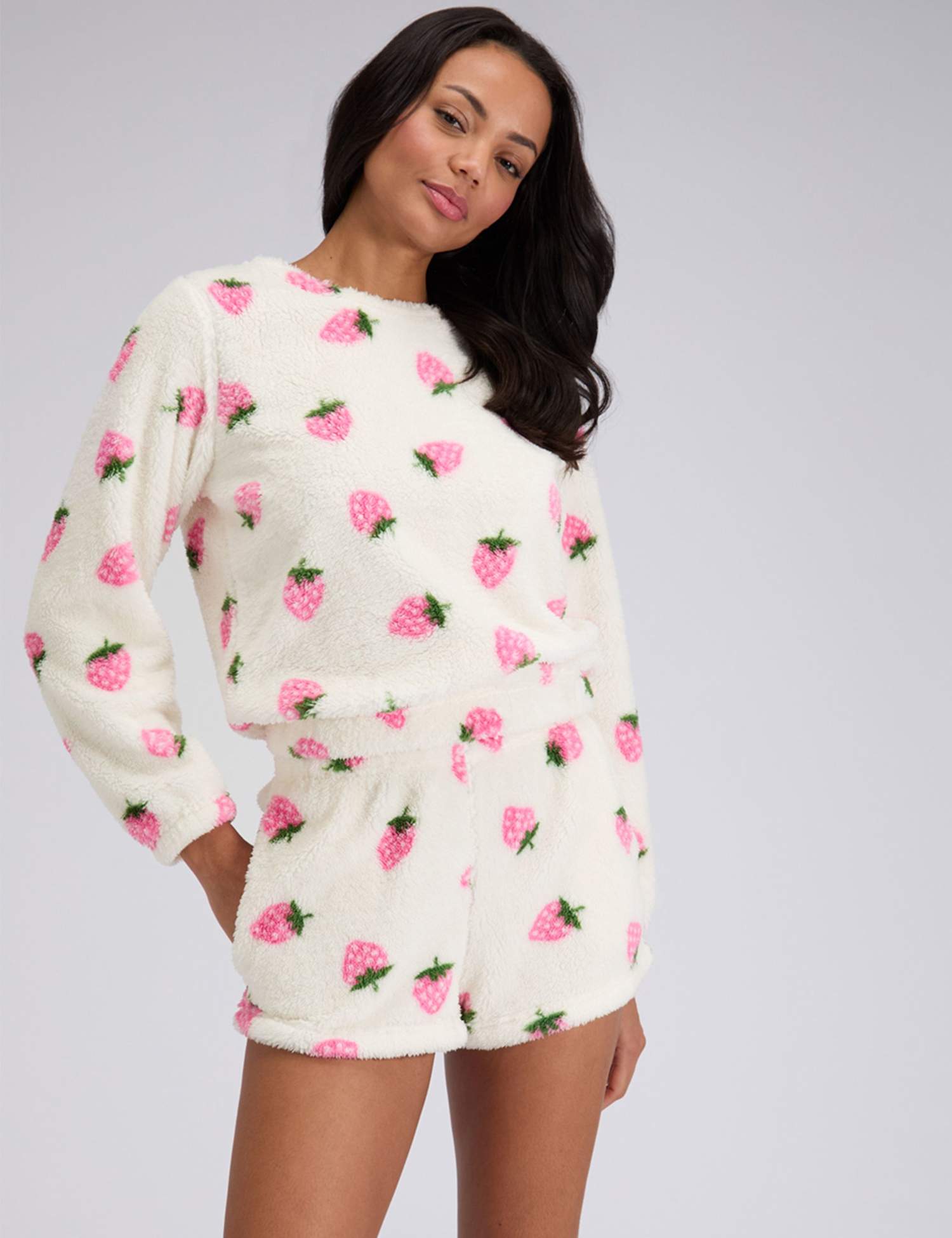 Boux Avenue Borg Strawberry Lounge Sweatshirt Short Set Ivory Mix
