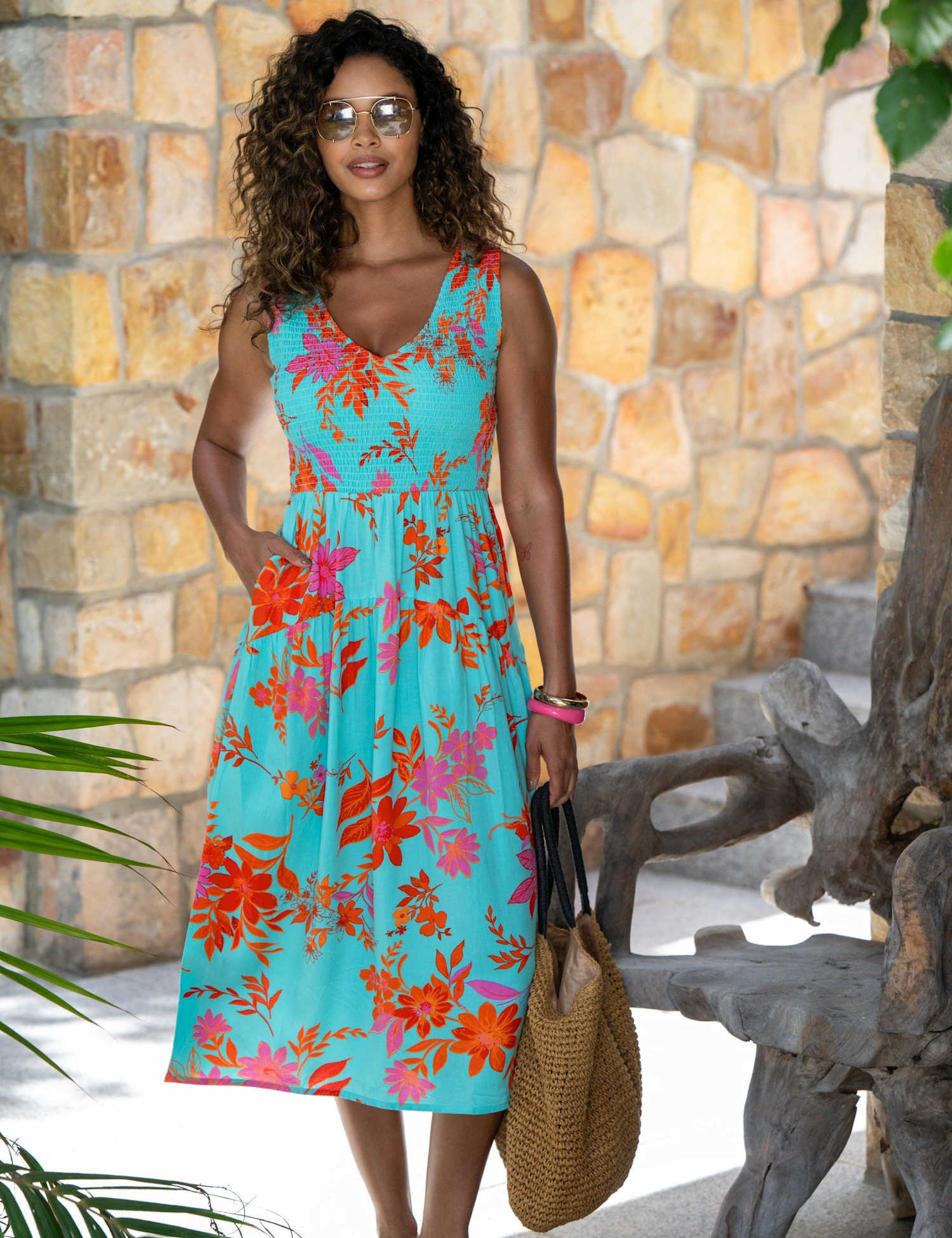 Pour Moi Darcie V Neck Shirred Midi Dress Aqua Mix