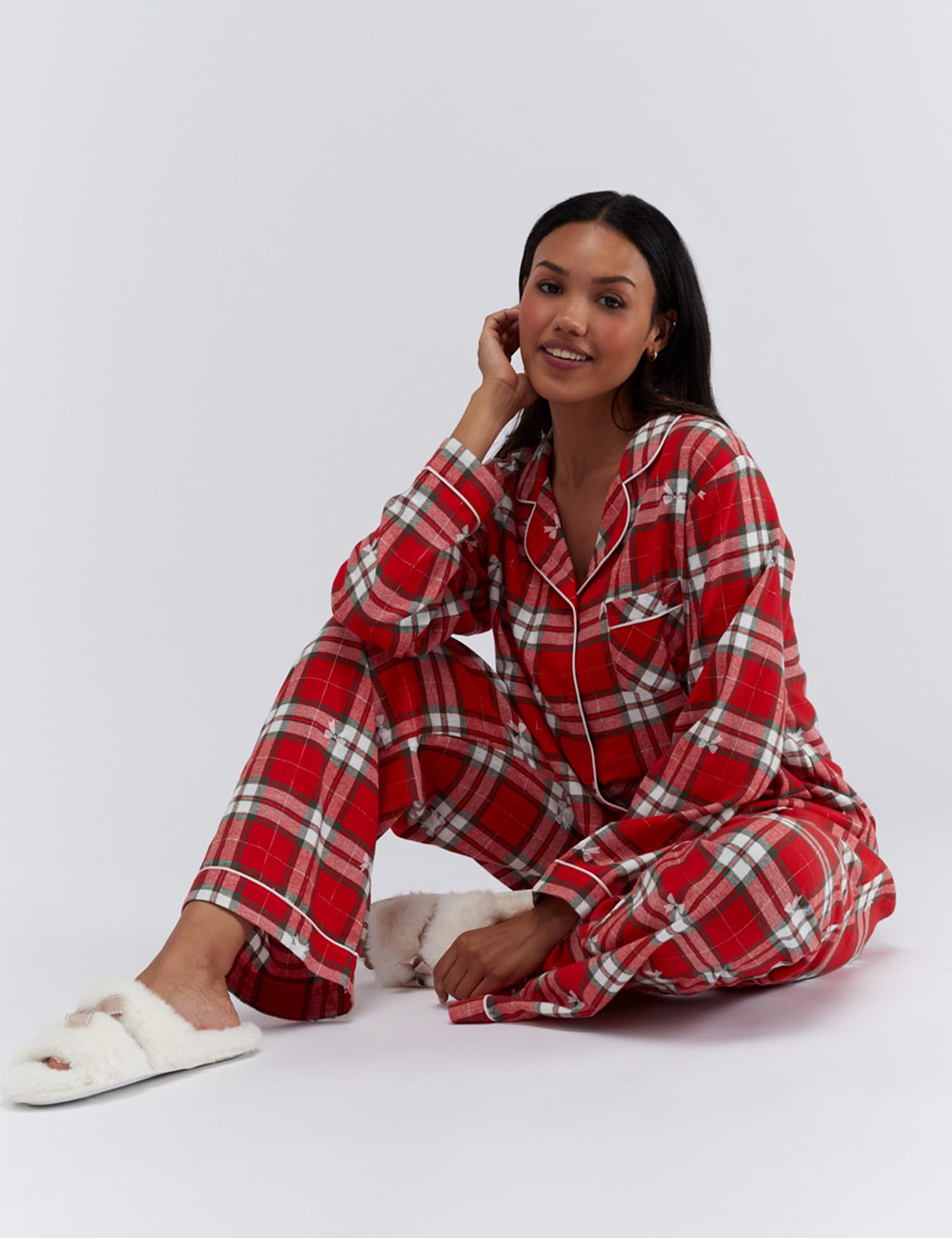 Boux Avenue Cotton Rich Checked Bow Pyjamas in a Bag Red Mix