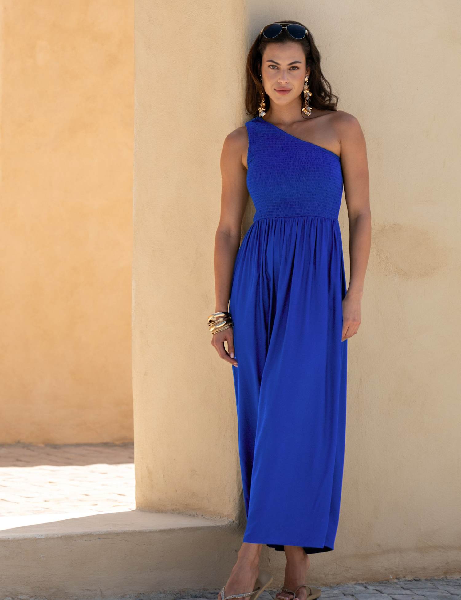 Pour Moi One Shoulder Shirred Maxi Dress Bright Blue