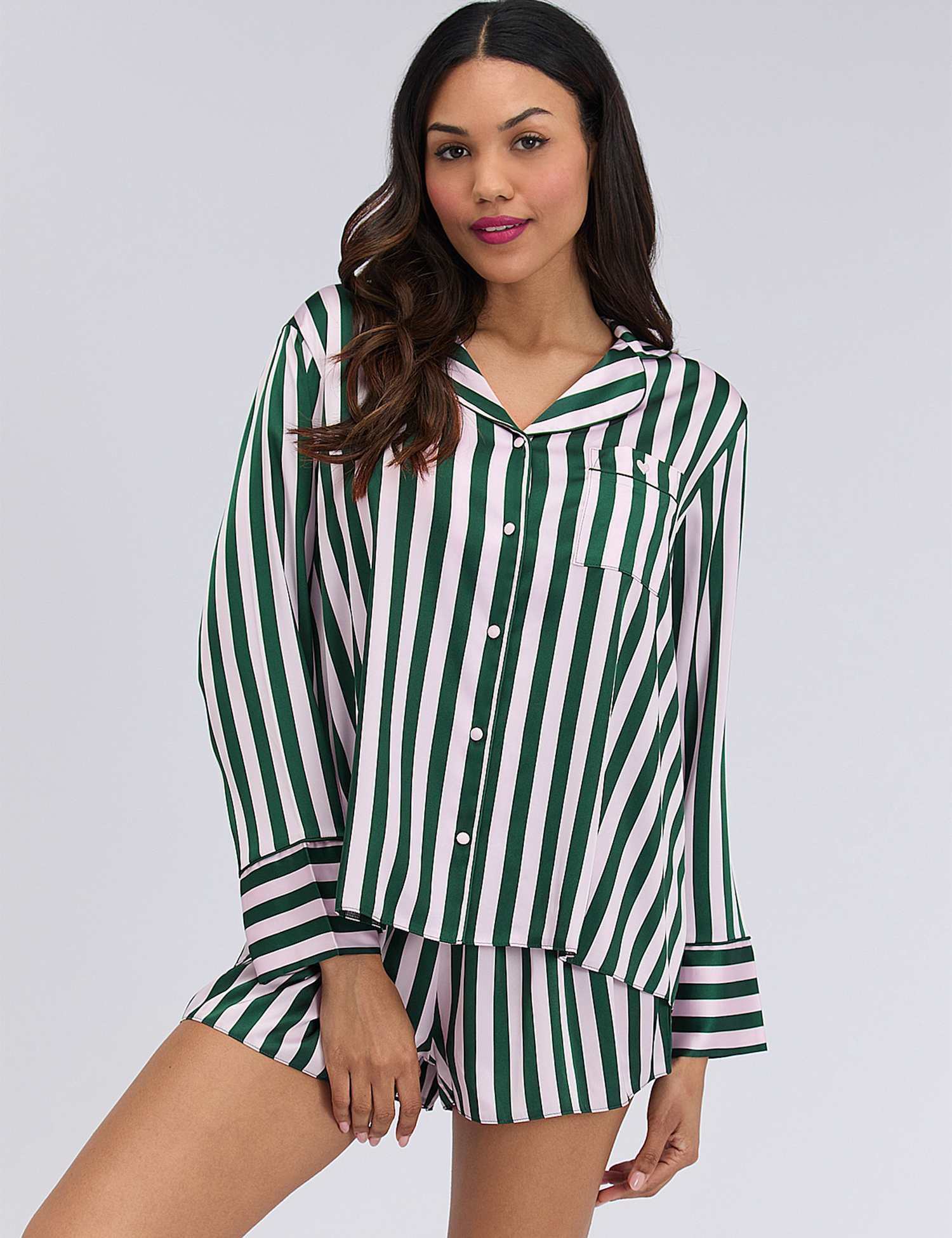 Boux Avenue Satin Striped Shortie Set Dark Green Mix