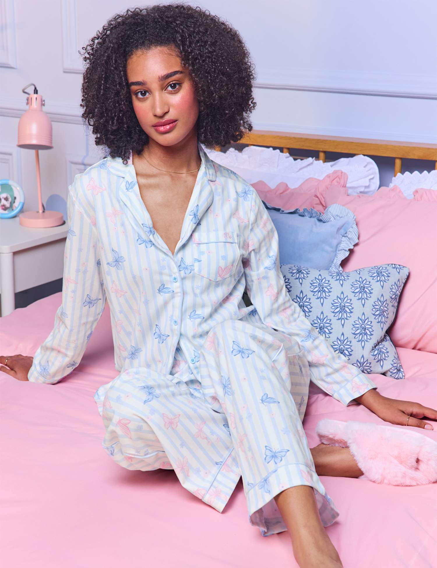 Boux Avenue Fleece Butterfly Pyjama Set in a Bag Blue Mix