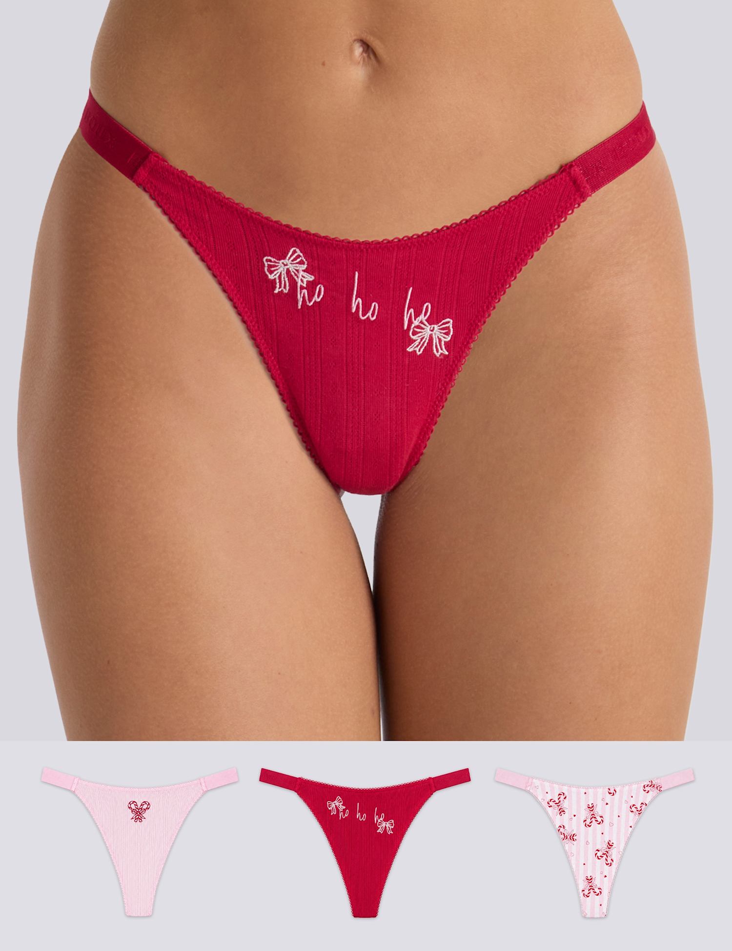 Boux Avenue 3 Pack Christmas Cotton Rich High Leg Thongs Red Mix