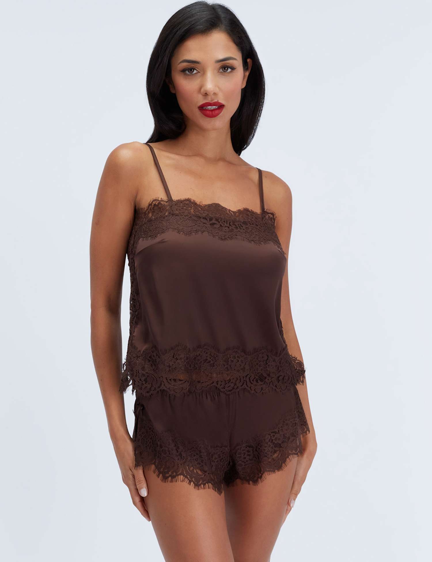 Boux Avenue Seraphina Satin & Lace Shortie Set Chocolate