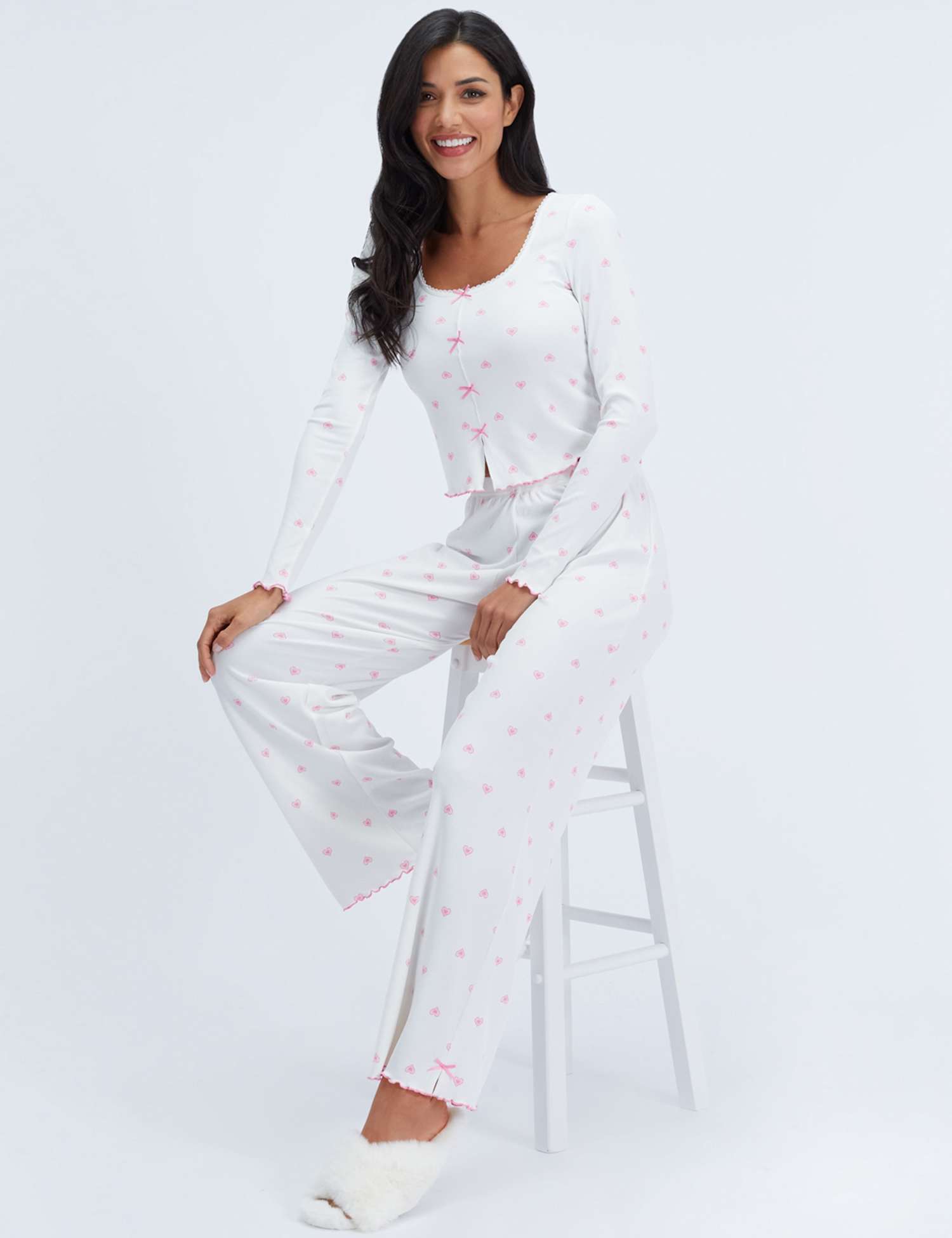 Boux Avenue Heart Ribbed Bow Pyjama Set Ivory Mix